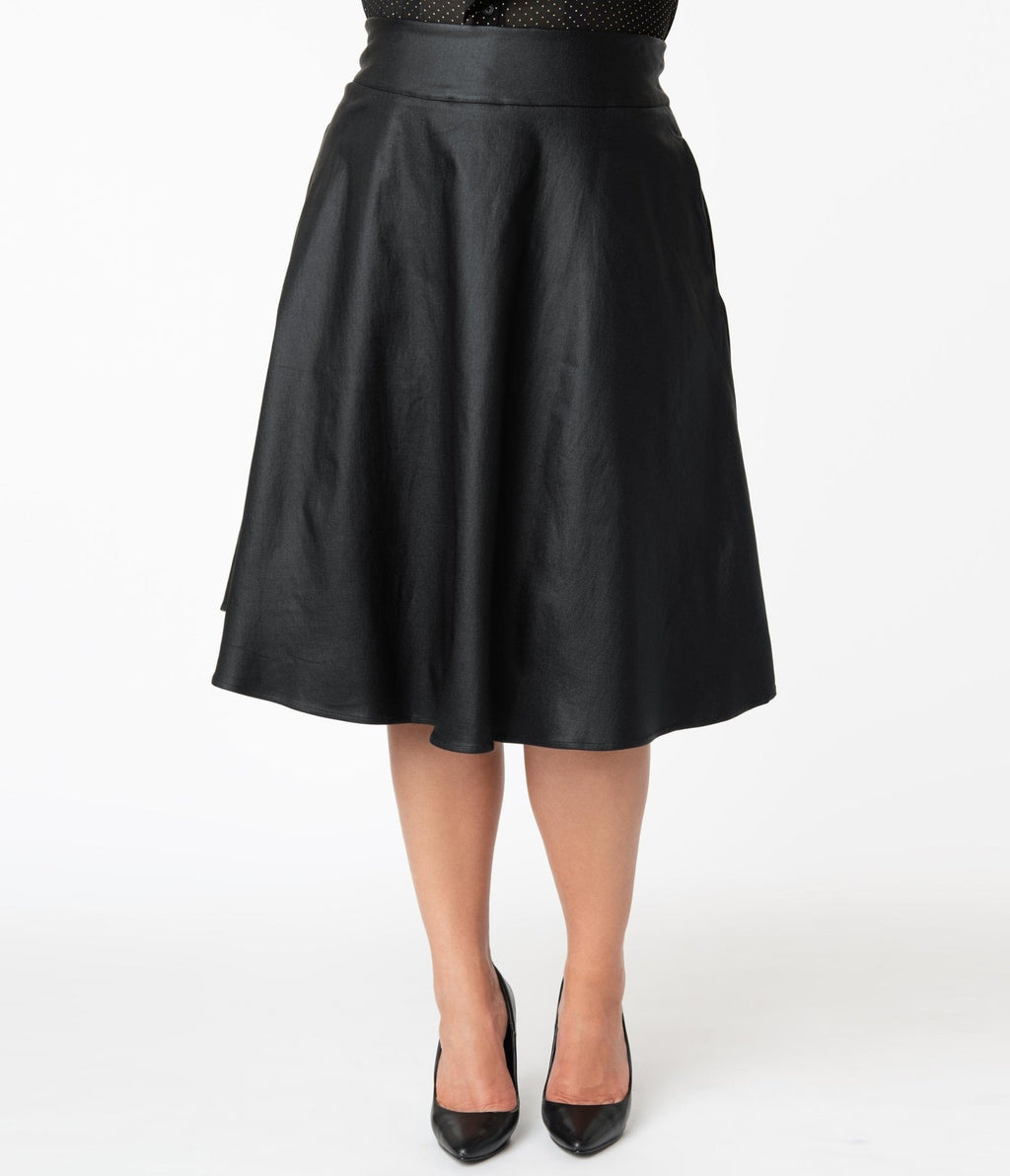 Unique Vintage Plus Size Retro Black Vegan Leather Vivien Swing Skirt - Unique Vintage - Swing Skirts