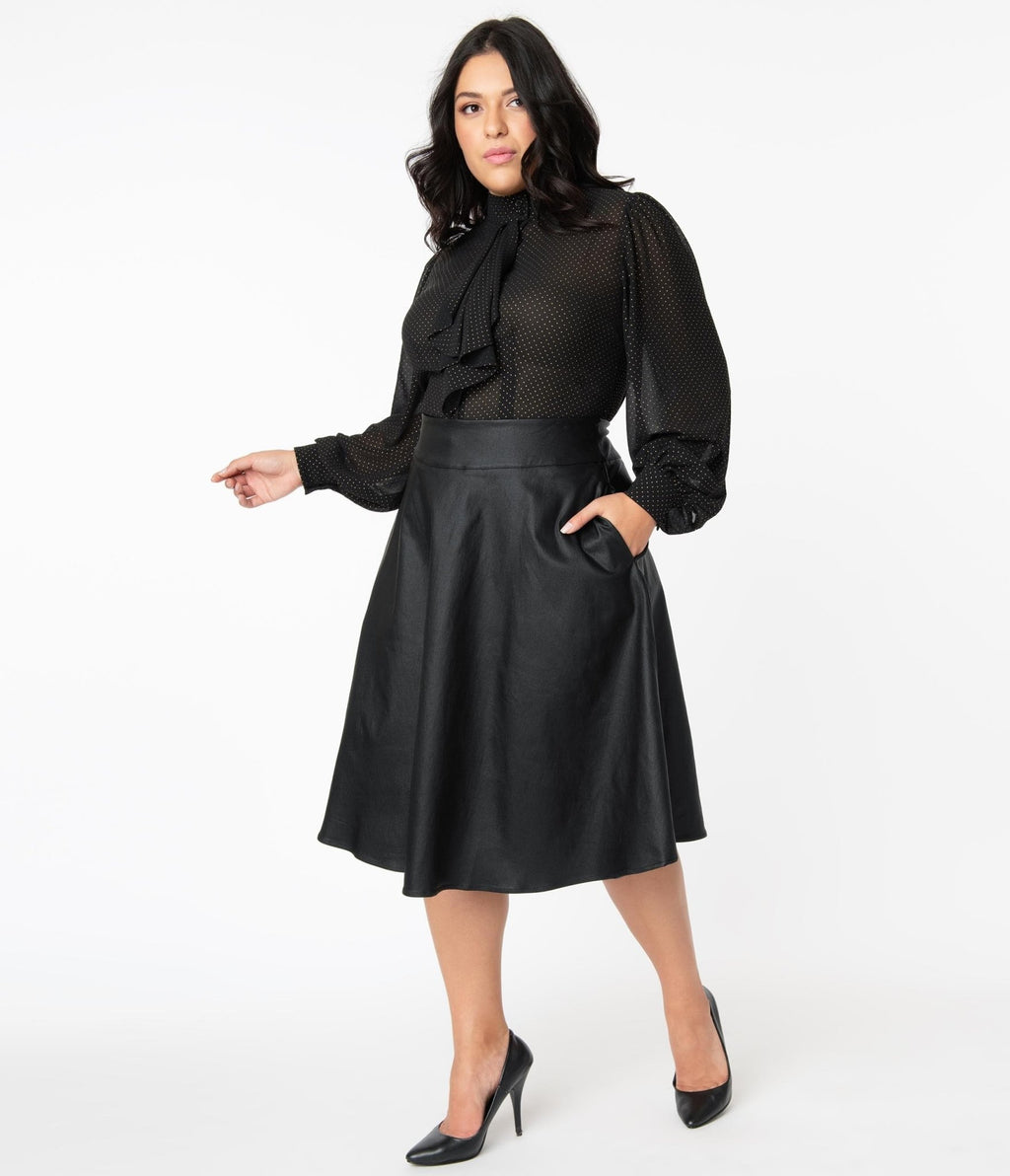 Unique Vintage Plus Size Retro Black Vegan Leather Vivien Swing Skirt - Unique Vintage - Swing Skirts