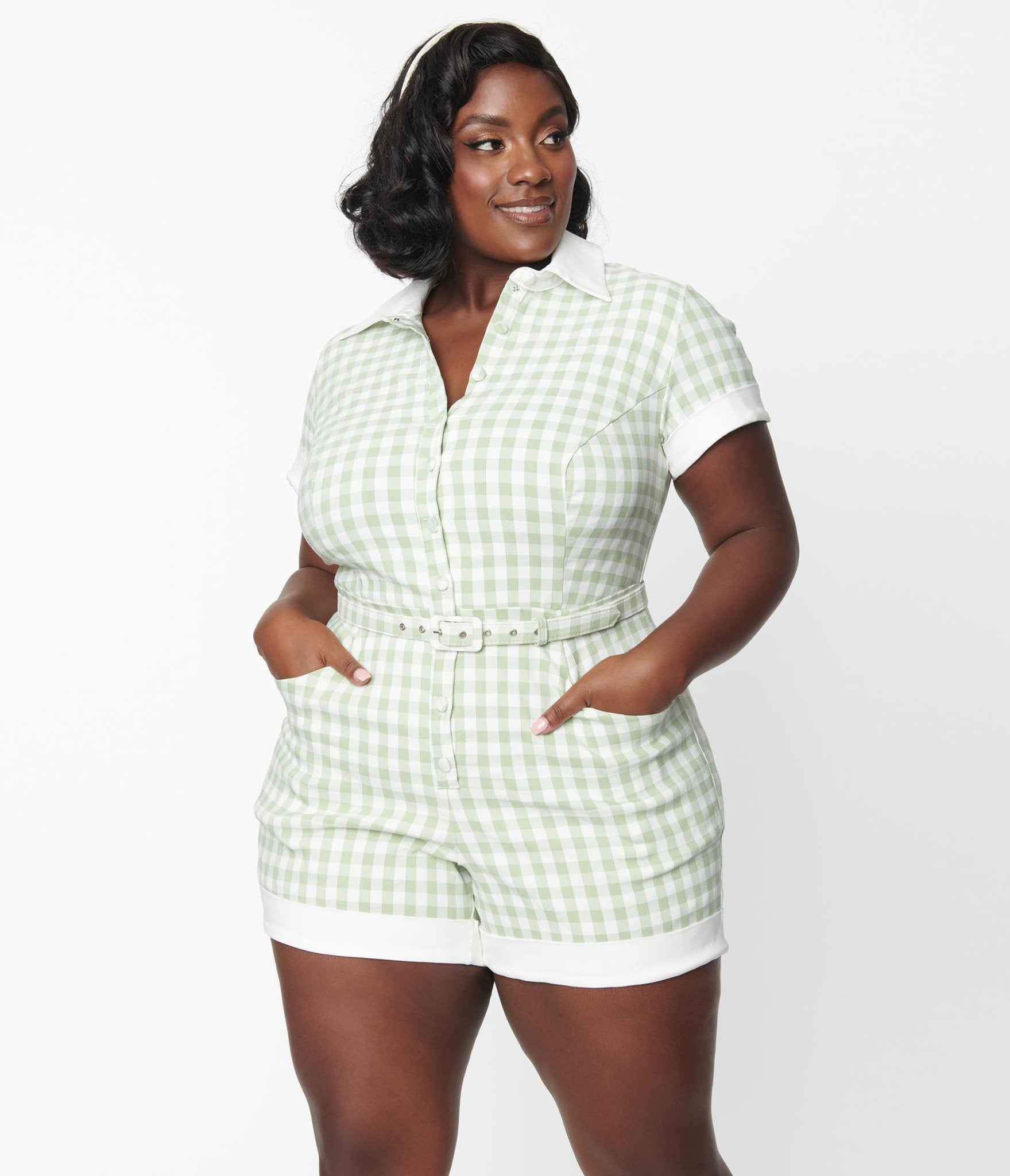 Unique Vintage Plus Size Sage & White Gingham Patsy Romper - Unique Vintage - Womens, BOTTOMS, ROMPERS AND JUMPSUITS