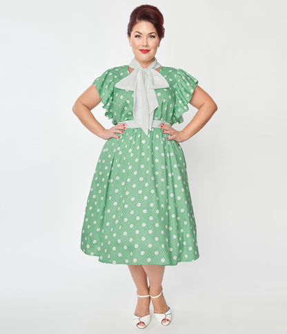 Unique Vintage Plus Size Sage & White Polka Dot Flutter Swing Dress - Unique Vintage - Womens, DRESSES, SWING
