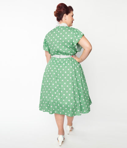 Unique Vintage Plus Size Sage & White Polka Dot Flutter Swing Dress - Unique Vintage - Womens, DRESSES, SWING