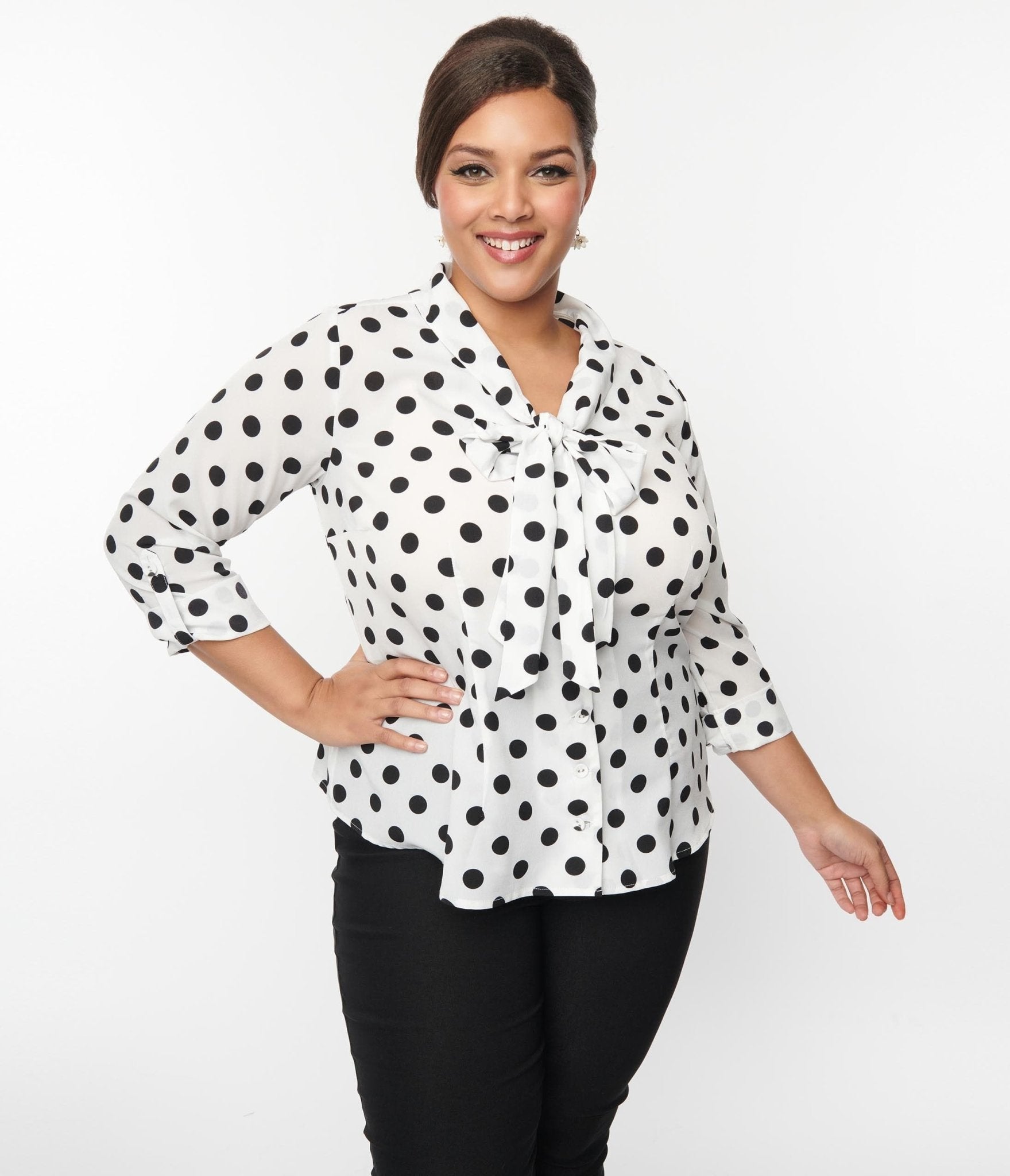 Unique Vintage Plus Size 1940s Sheer White Black Dot Olivia Blouse