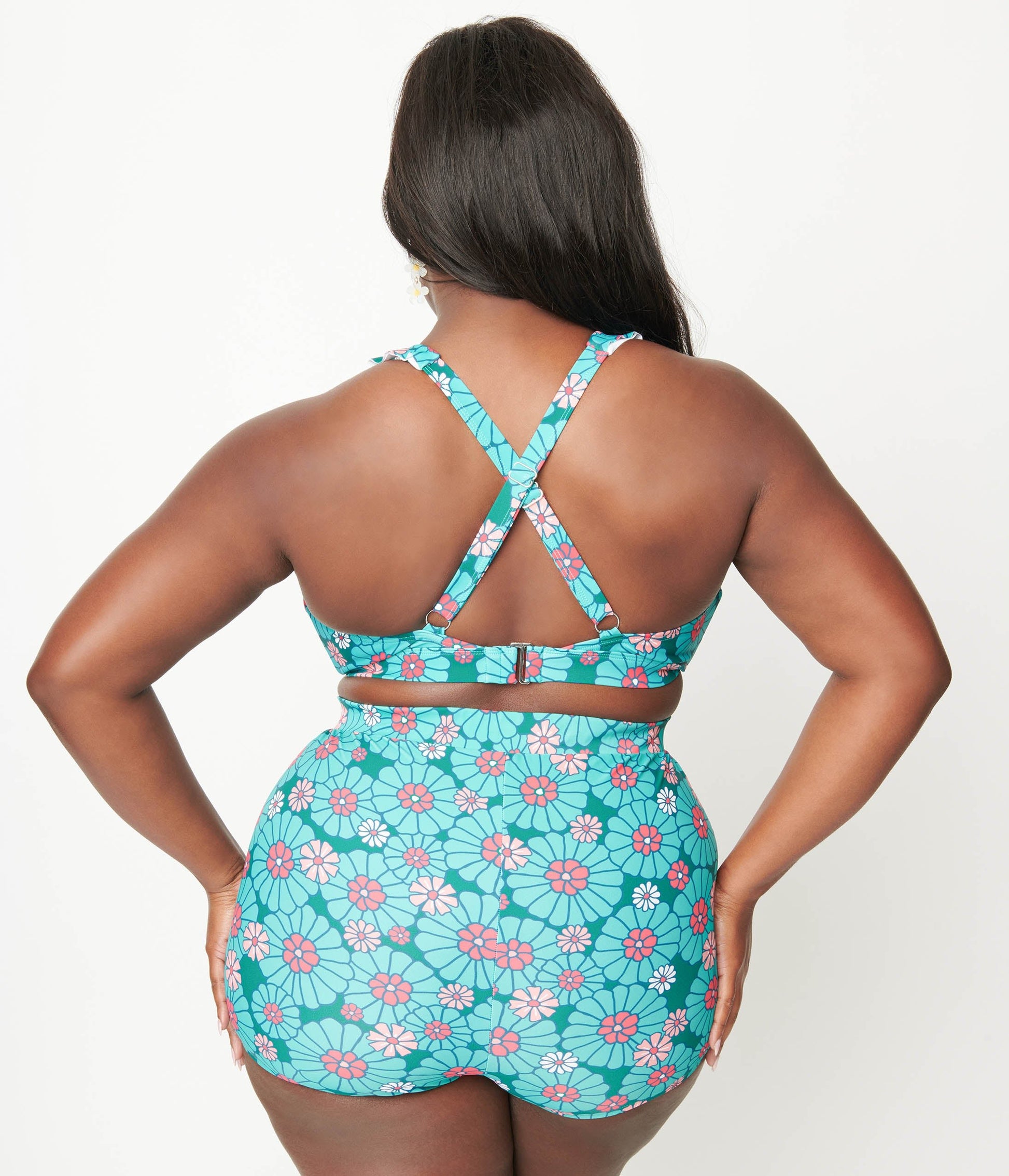 Unique Vintage Plus Size Teal Flower Child Halter Swim Top - Unique Vintage - Womens, SWIM, TOP