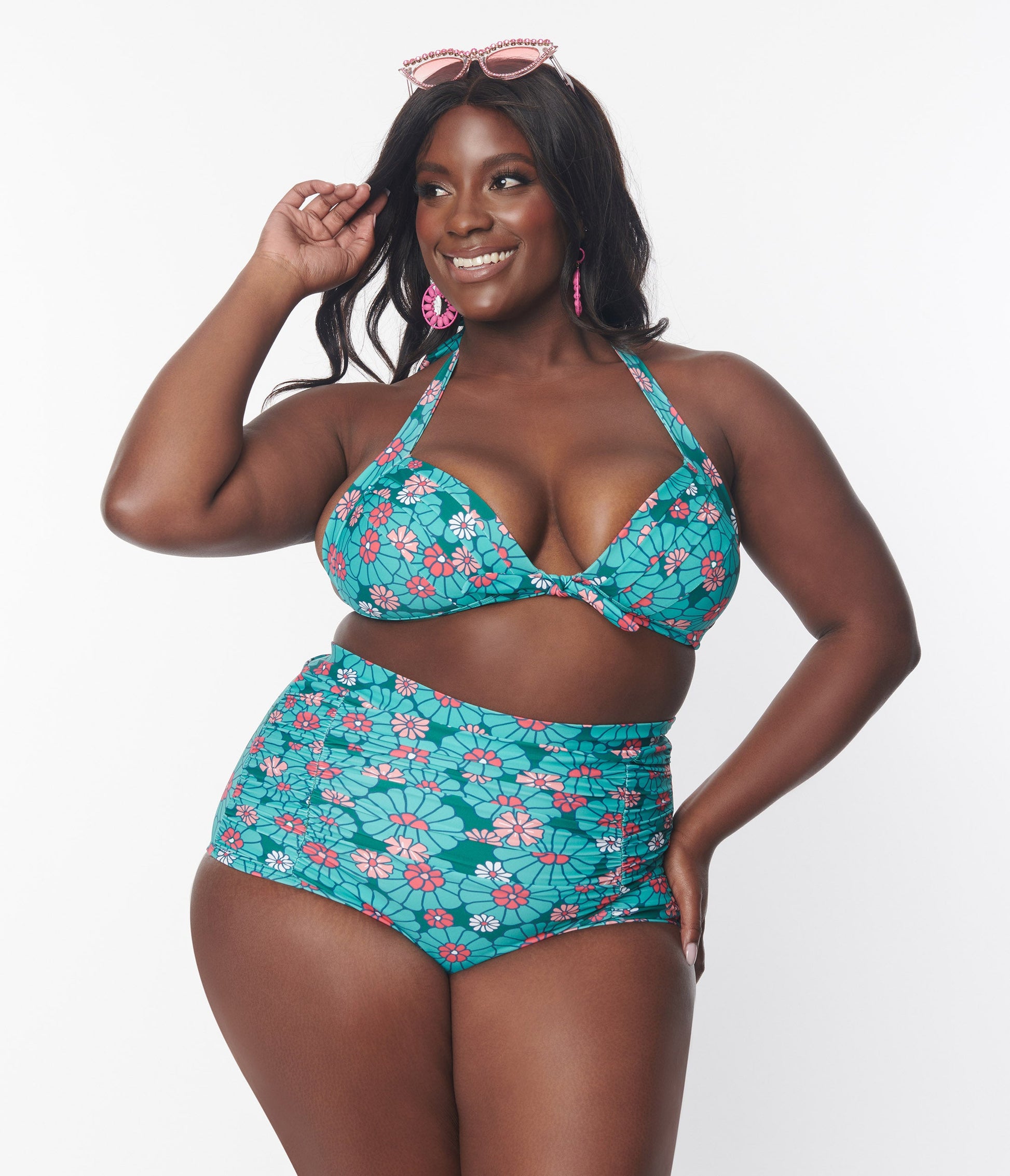 Unique Vintage Plus Size Teal Flower Child Monroe Halter Swim Top - Unique Vintage - Womens, SWIM, TOP