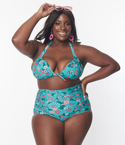 Unique Vintage Plus Size Teal Flower Child Monroe Halter Swim Top - Unique Vintage - Womens, SWIM, TOP