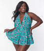 Unique Vintage Plus Size Teal Flower Child Skirted Wendy Swimsuit