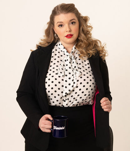 Unique Vintage Plus Size White & Black Polka Dot Neck Tie Gwen Blouse - Unique Vintage - Womens, TOPS, WOVEN TOPS