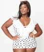 Unique Vintage Plus Size White & Black Polka Dot Ruffle Sheath Swimsuit