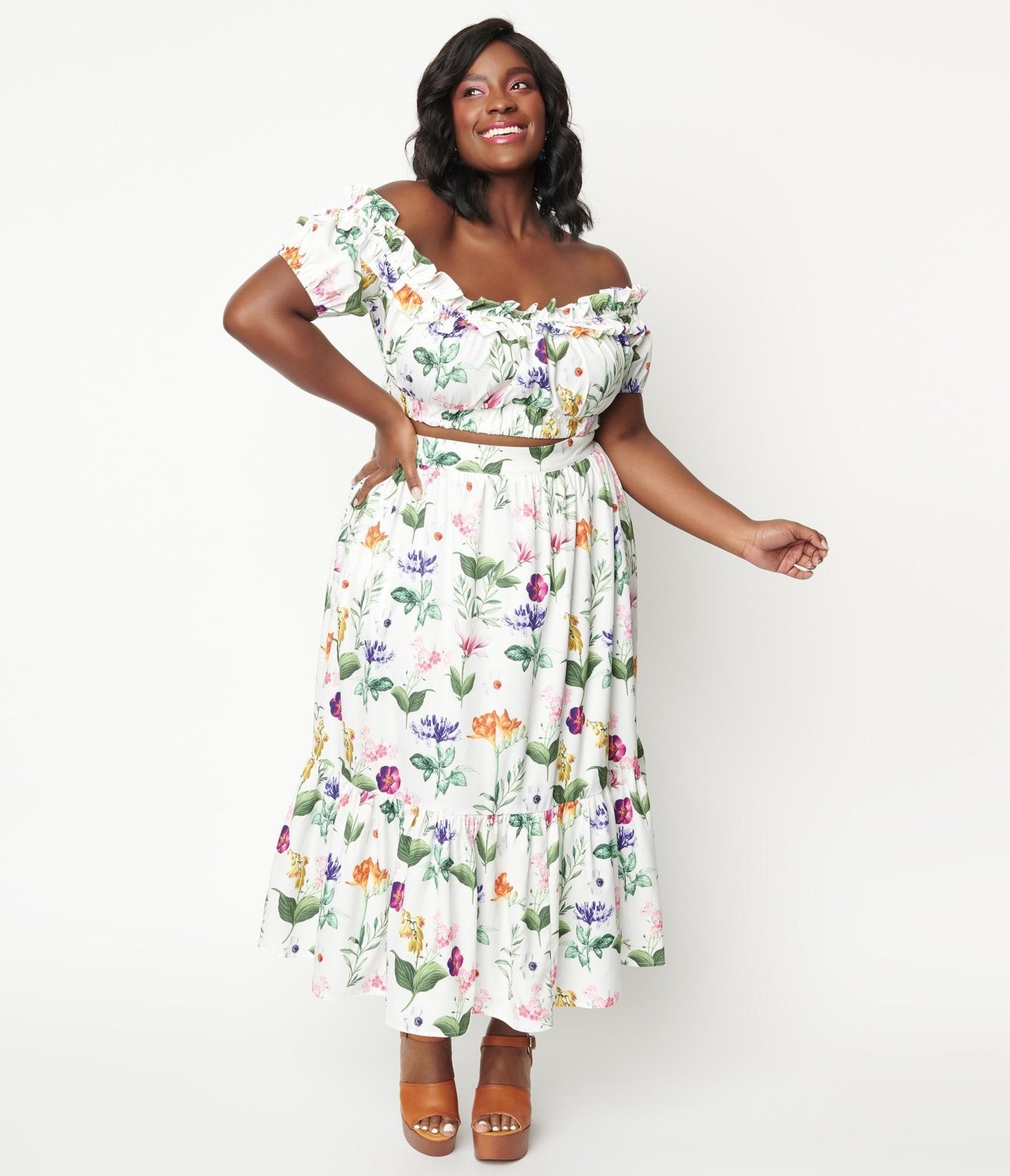 Unique Vintage Plus Size White Garden Floral Print Midi Skirt