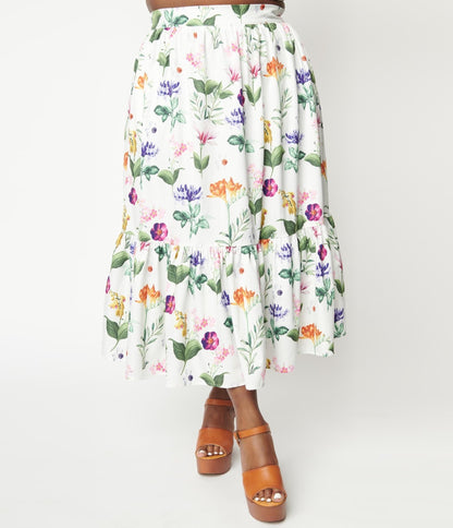 Unique Vintage Plus Size White & Garden Floral Print Midi Skirt - Unique Vintage - Womens, BOTTOMS, SKIRTS