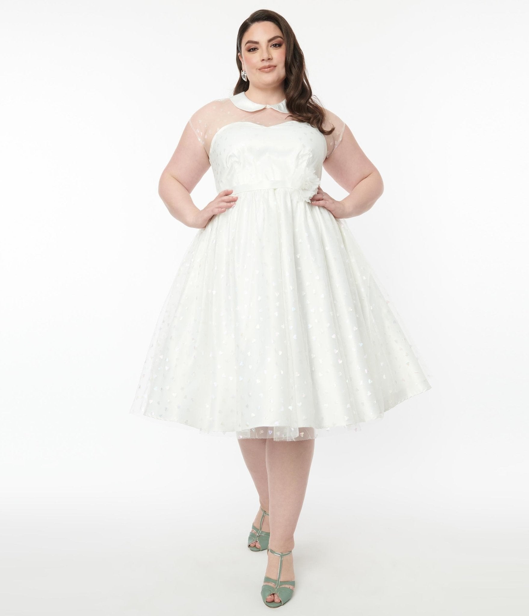 Unique Vintage Plus Size White & Iridescent Heart Bridal Swing Dress - Unique Vintage - Womens, DRESSES, BRIDAL