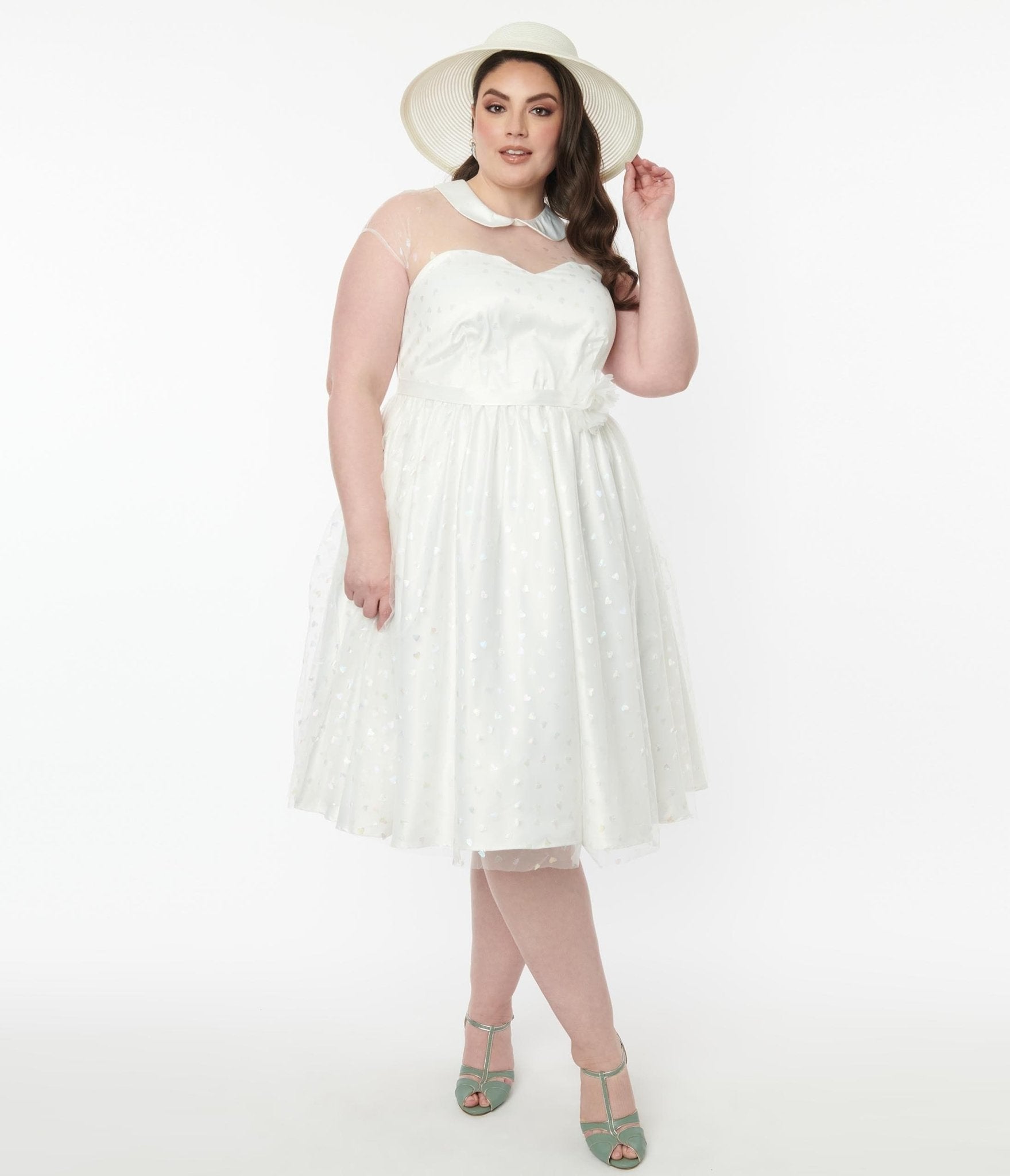 Unique Vintage Plus Size White & Iridescent Heart Bridal Swing Dress - Unique Vintage - Womens, DRESSES, BRIDAL