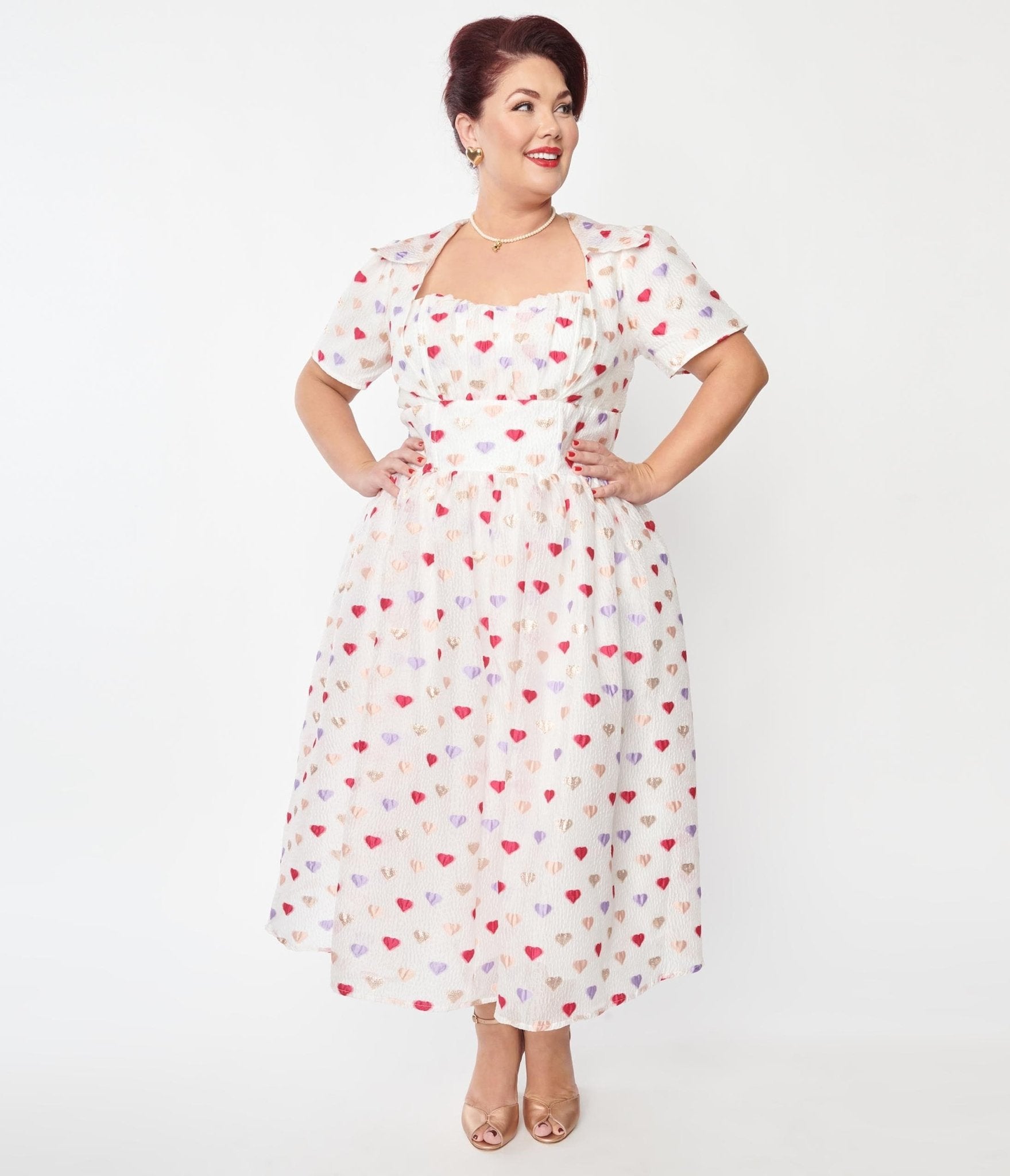 Unique Vintage Plus Size White & Multi Hearts Crinkle Libby Swing Dress - Unique Vintage - Womens, DRESSES, SWING