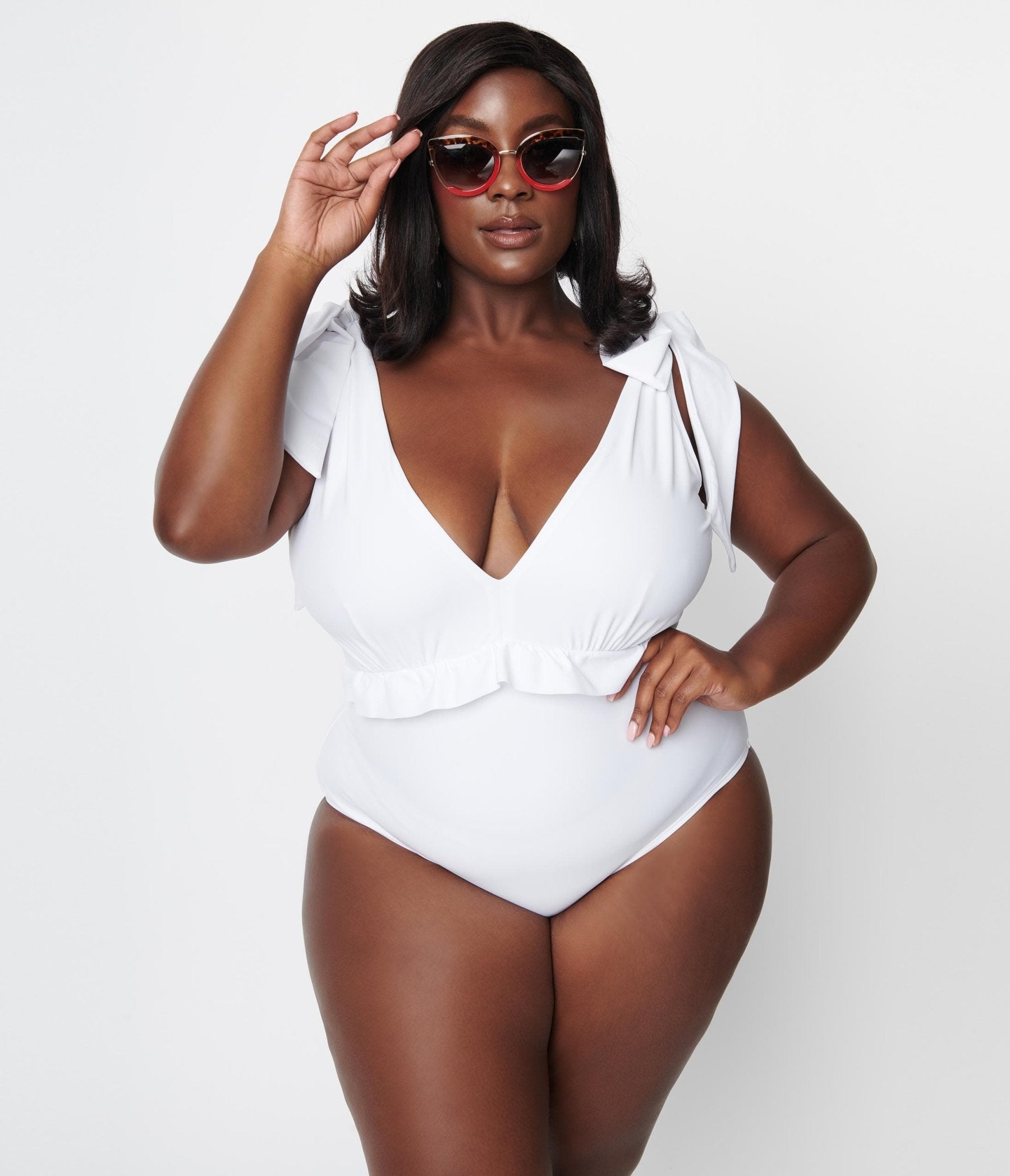 Unique Vintage Plus Size White Plunge One Piece Swimsuit