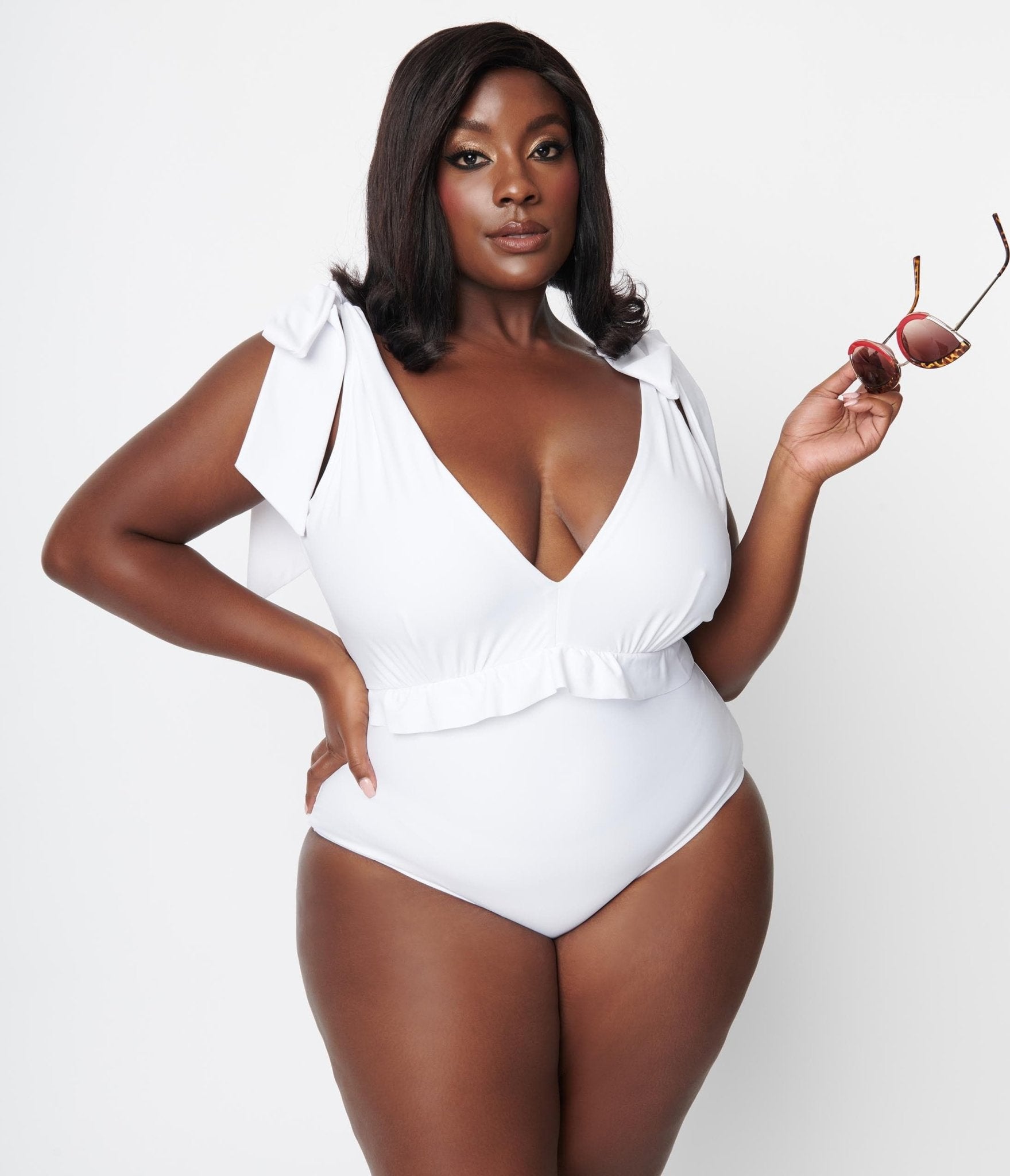 Unique Vintage Plus Size White Plunge One Piece Swimsuit - Unique Vintage - Womens, SWIM, 1 PC