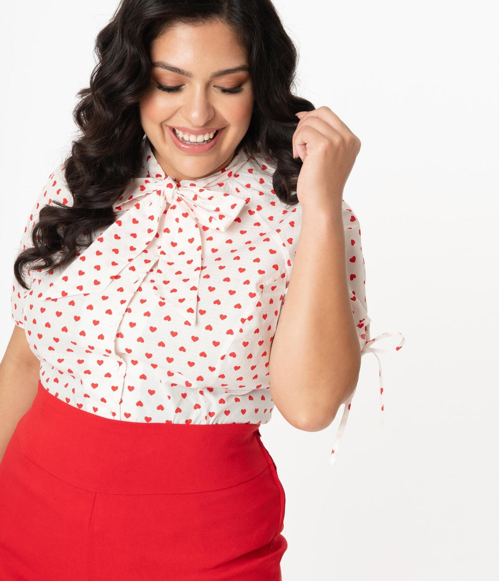 Unique Vintage Plus Size White & Red Heart Print Chita Blouse - Unique Vintage - Womens, TOPS, WOVEN TOPS