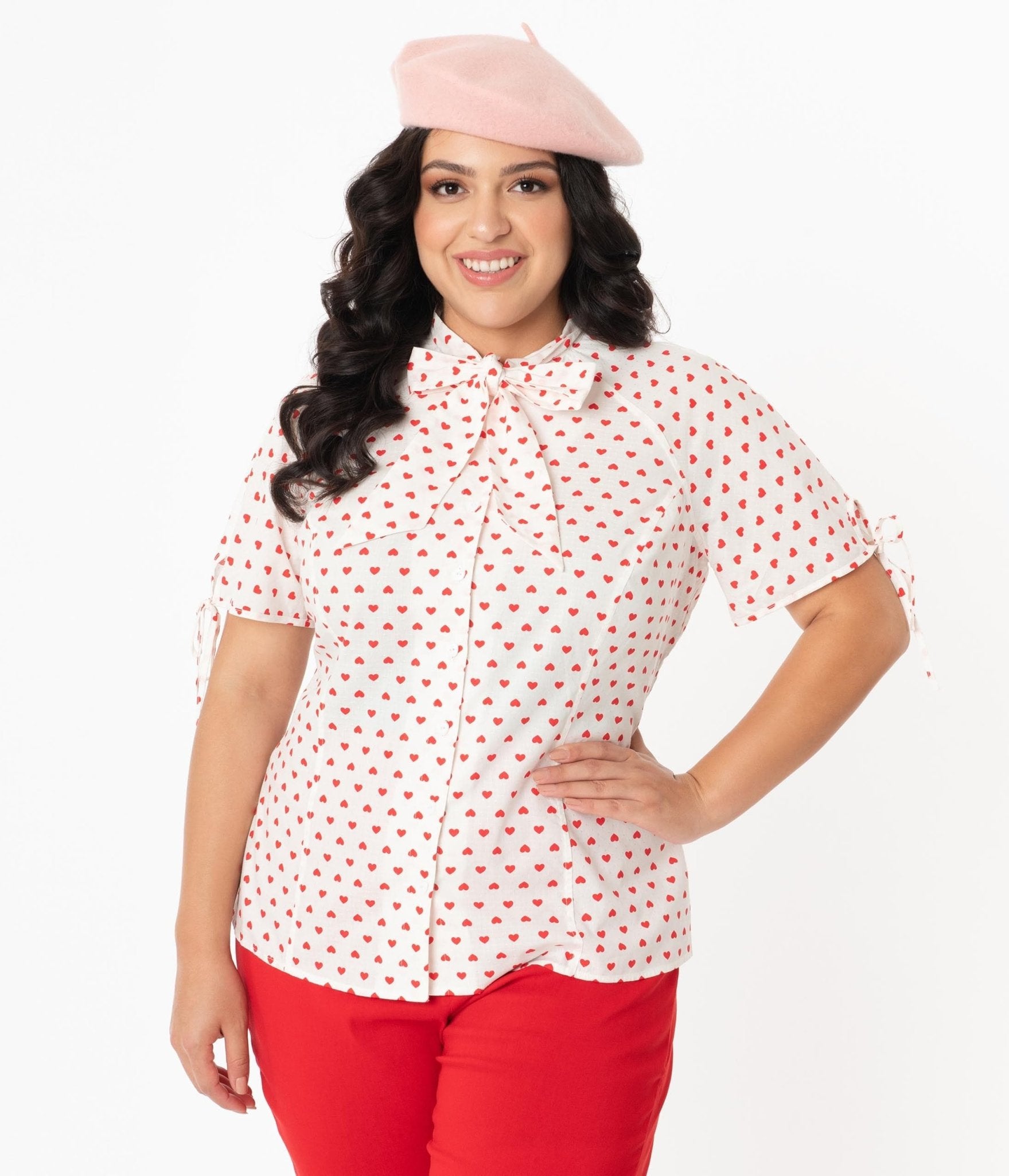 Unique Vintage Plus Size White & Red Heart Print Chita Blouse - Unique Vintage - Womens, TOPS, WOVEN TOPS
