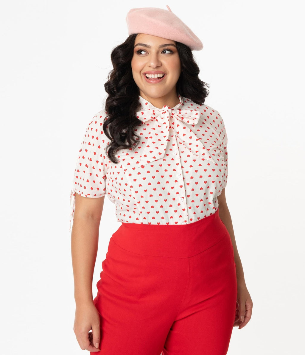 Unique Vintage Plus Size White & Red Heart Print Chita Blouse - Unique Vintage - Womens, TOPS, WOVEN TOPS