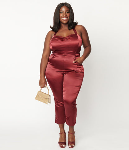 Unique Vintage Plus Size Wine Satin Marcel Jumpsuit - Unique Vintage - Womens, BOTTOMS, ROMPERS AND JUMPSUITS