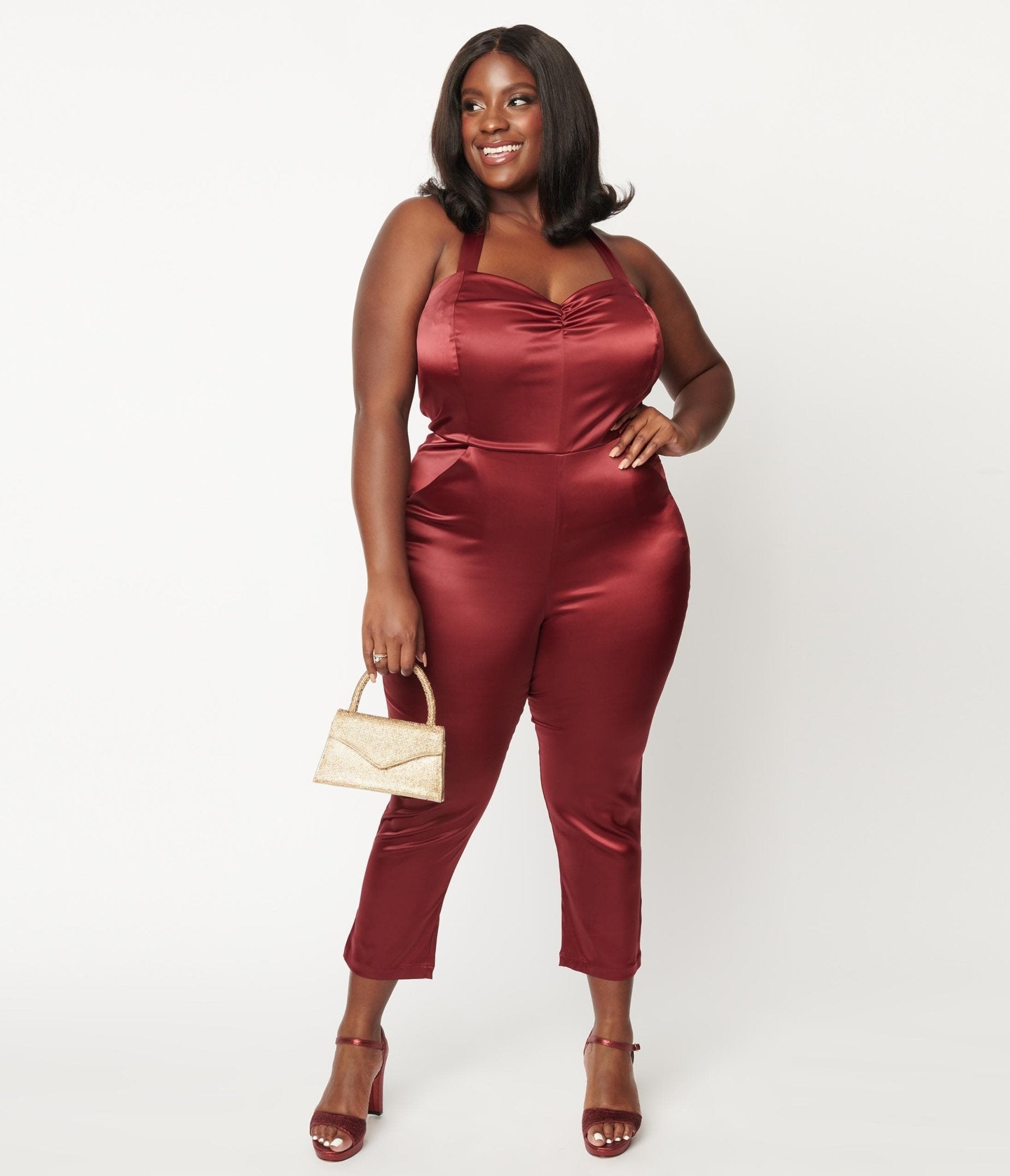 Unique Vintage Plus Size Wine Satin Marcel Jumpsuit - Unique Vintage - Womens, BOTTOMS, ROMPERS AND JUMPSUITS