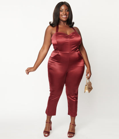 Unique Vintage Plus Size Wine Satin Marcel Jumpsuit - Unique Vintage - Womens, BOTTOMS, ROMPERS AND JUMPSUITS