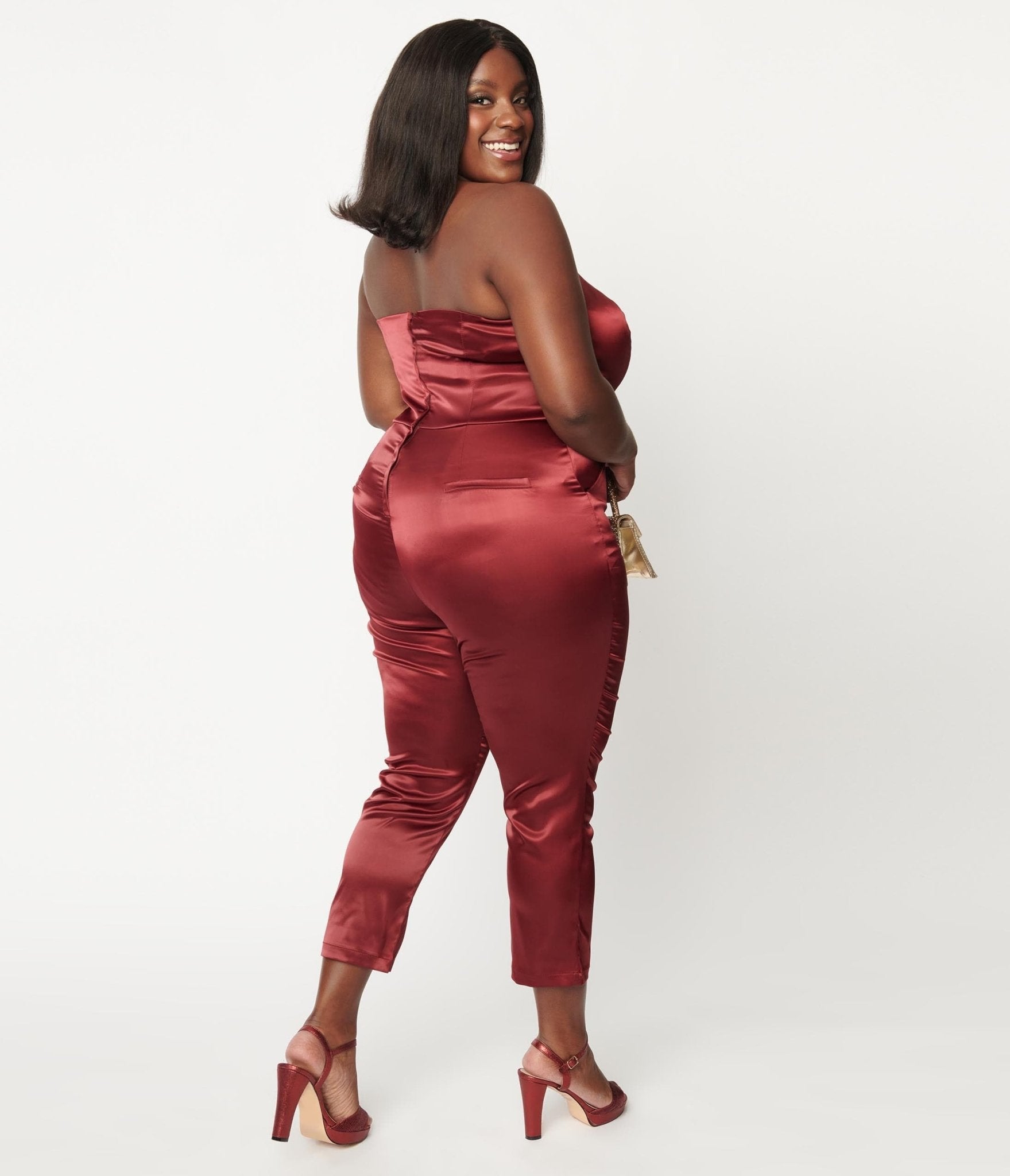 Unique Vintage Plus Size Wine Satin Marcel Jumpsuit - Unique Vintage - Womens, BOTTOMS, ROMPERS AND JUMPSUITS