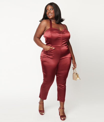 Unique Vintage Plus Size Wine Satin Marcel Jumpsuit - Unique Vintage - Womens, BOTTOMS, ROMPERS AND JUMPSUITS