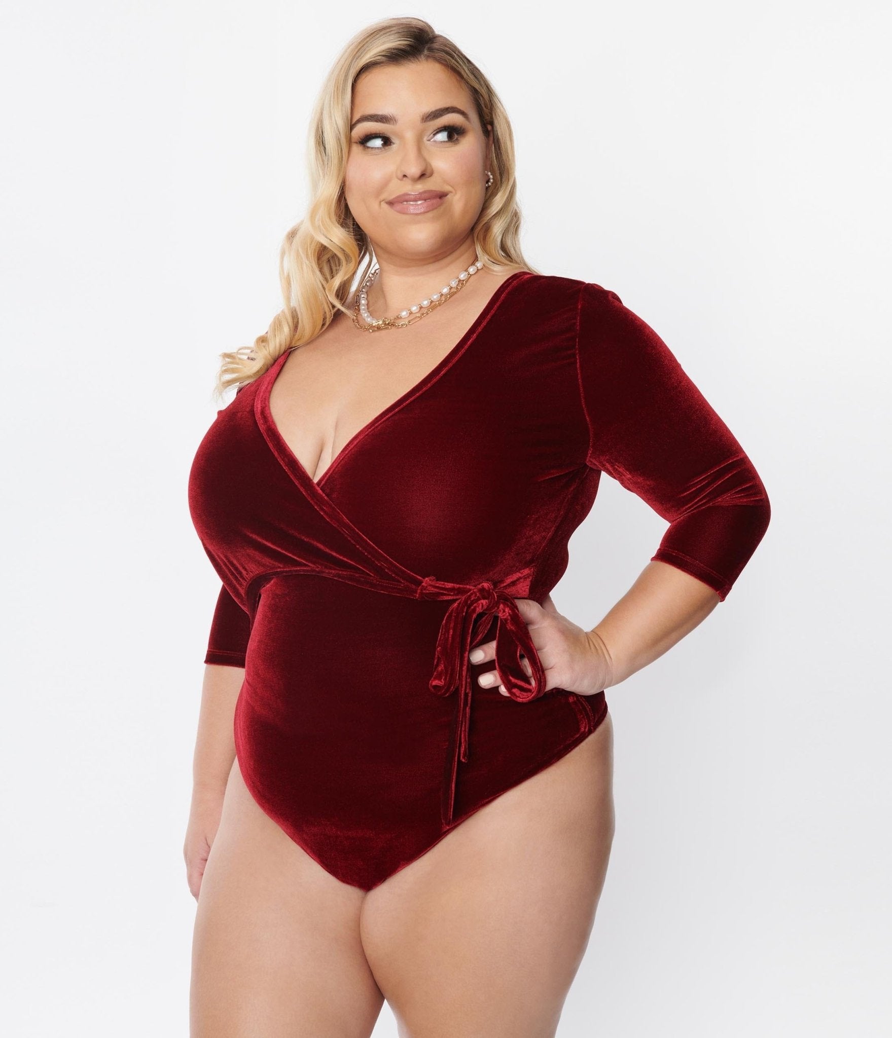 Unique Vintage Plus Size Wine Velvet Surplice Bodysuit