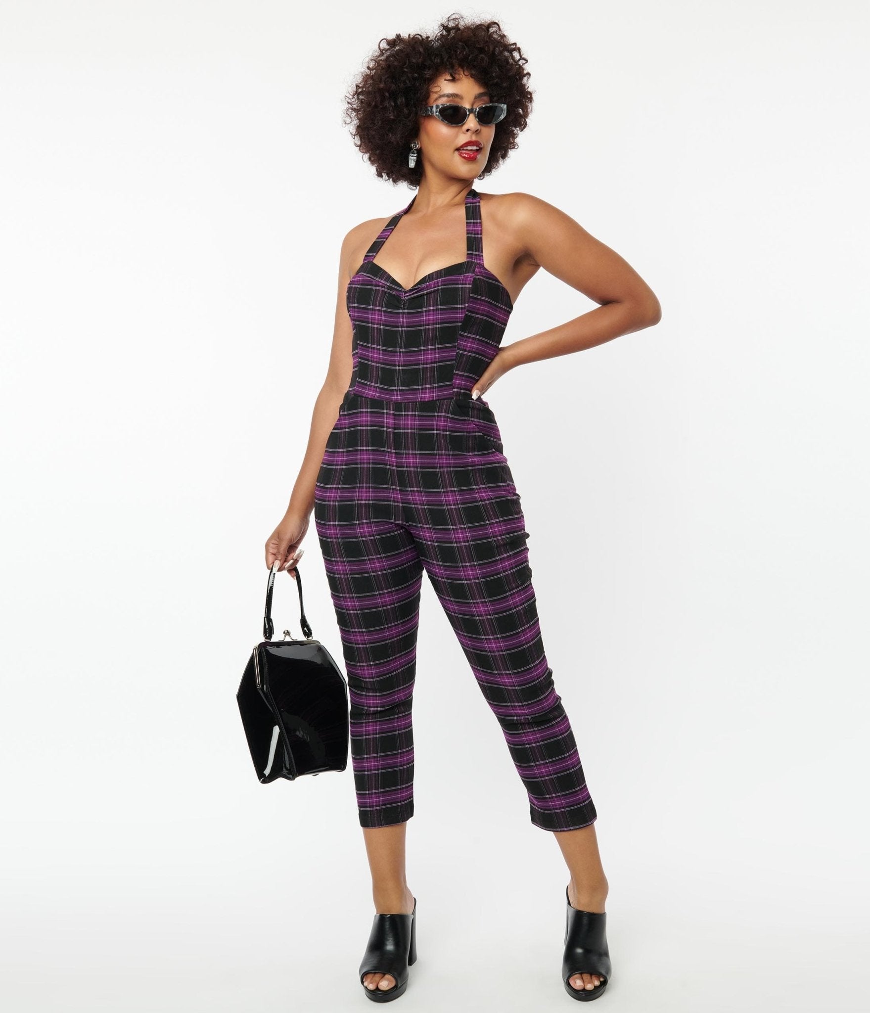 Unique Vintage 1970s Purple Black Plaid Marcel Jumpsuit