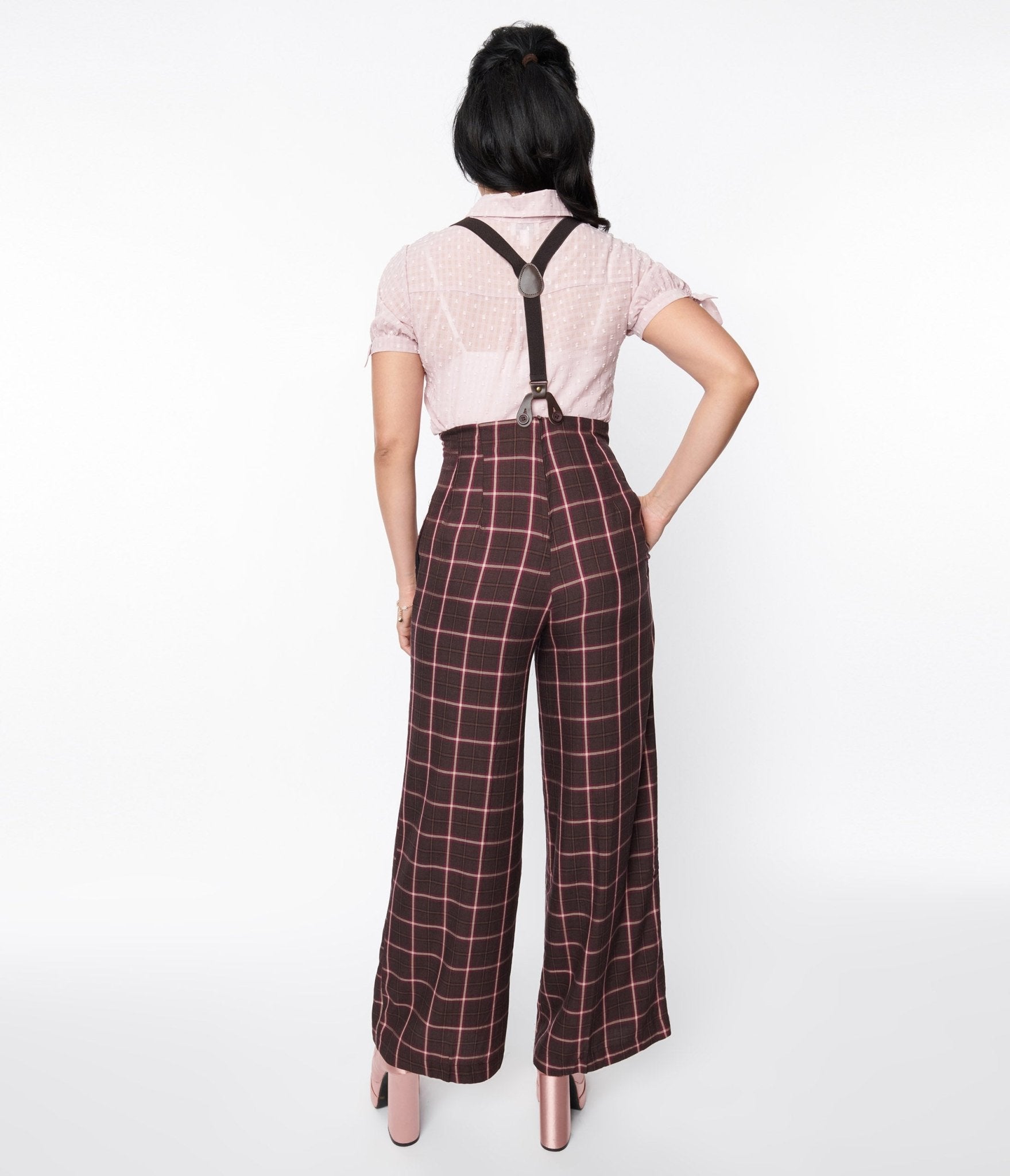 Unique Vintage Purple & Mauve Plaid High Waist Suspender Pants - Unique Vintage - Womens, BOTTOMS, PANTS