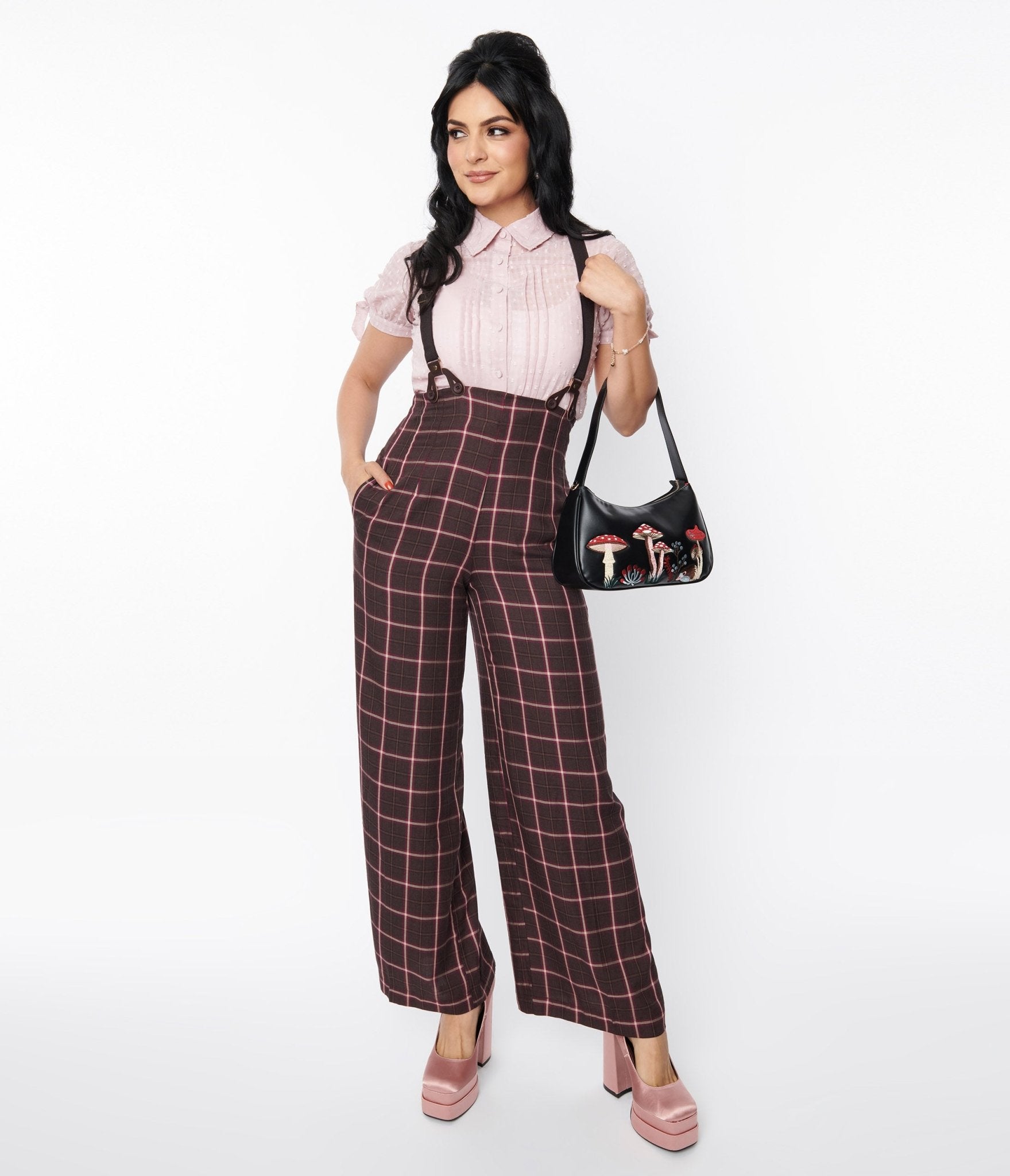 Unique Vintage Purple & Mauve Plaid High Waist Suspender Pants - Unique Vintage - Womens, BOTTOMS, PANTS