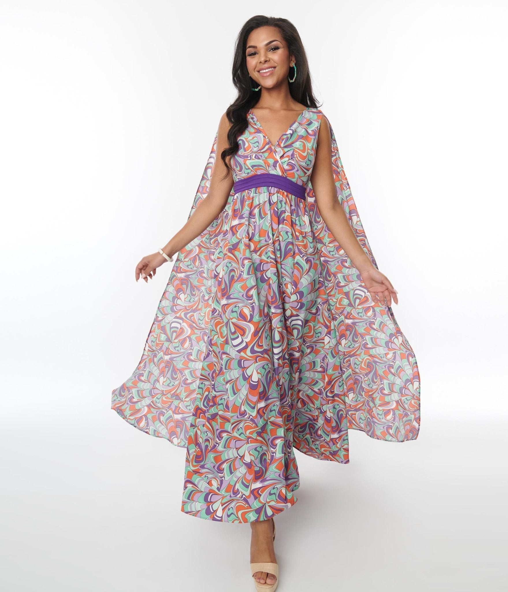 Unique Vintage Purple Mint Psychedelic Wave Print Cape Maxi Dress