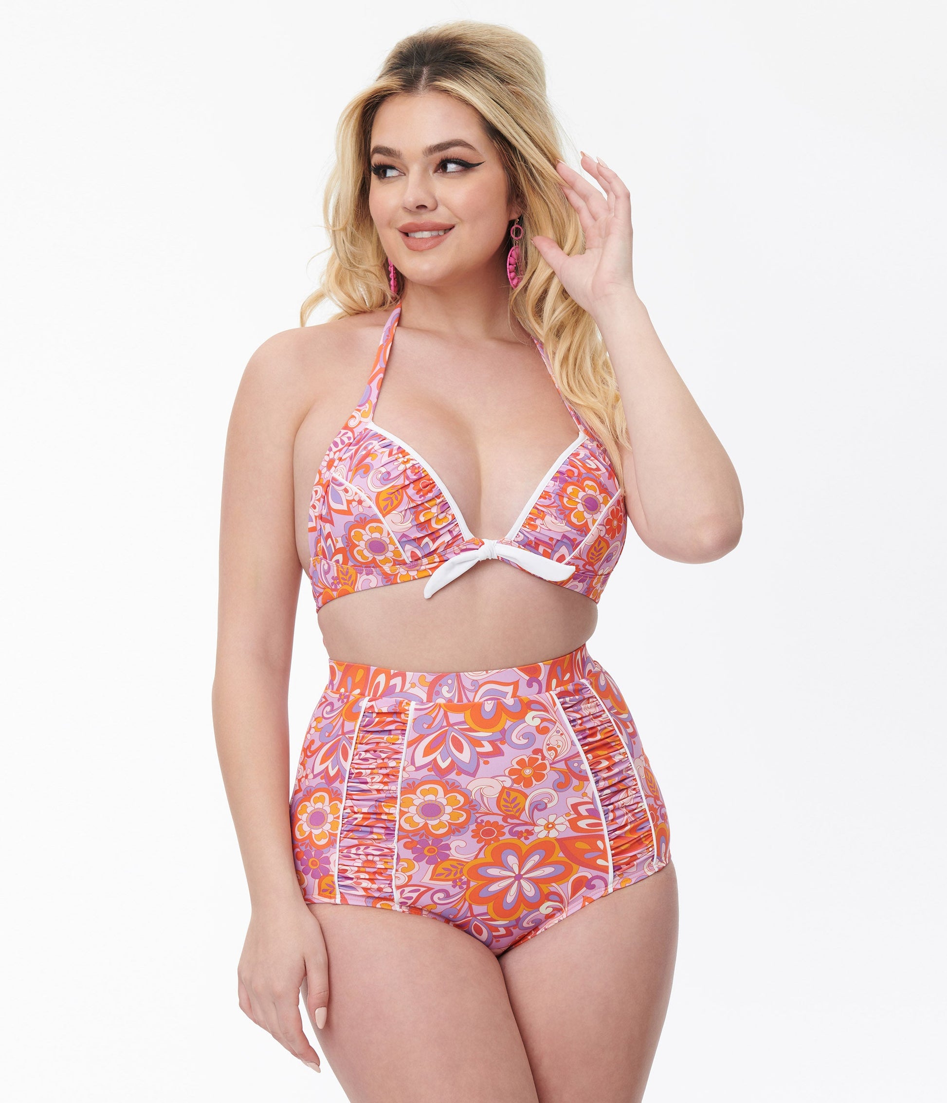 Unique Vintage Purple & Orange Bohemian Floral Print Halter Swim Top - Unique Vintage - Womens, SWIM, TOP