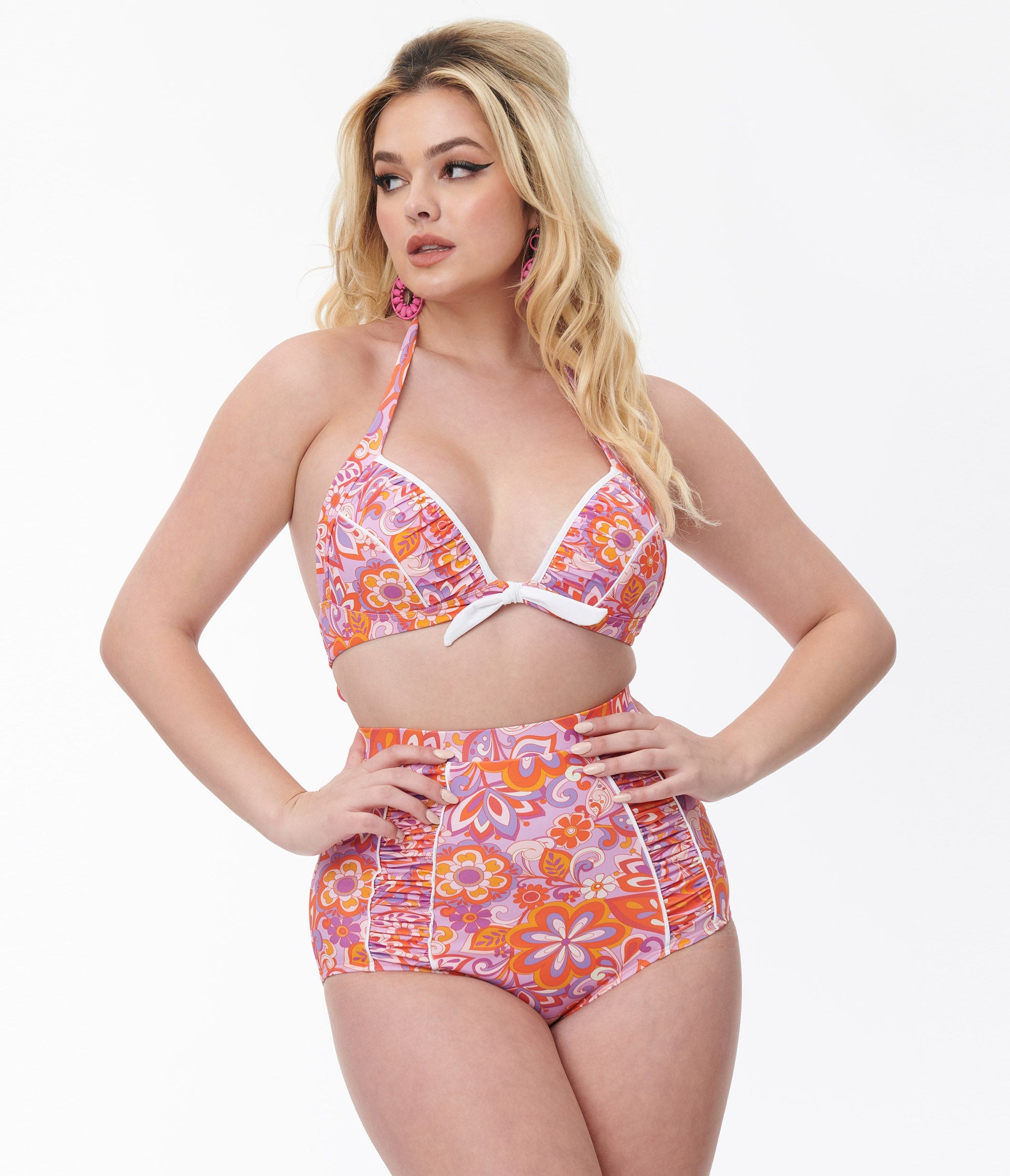 Unique Vintage Purple & Orange Bohemian Floral Print Halter Swim Top - Unique Vintage - Womens, SWIM, TOP