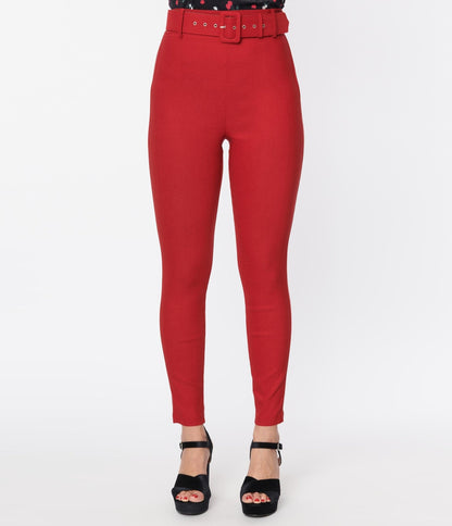 Unique Vintage Red Belted Rizzo Pants - Unique Vintage - Womens, BOTTOMS, PANTS