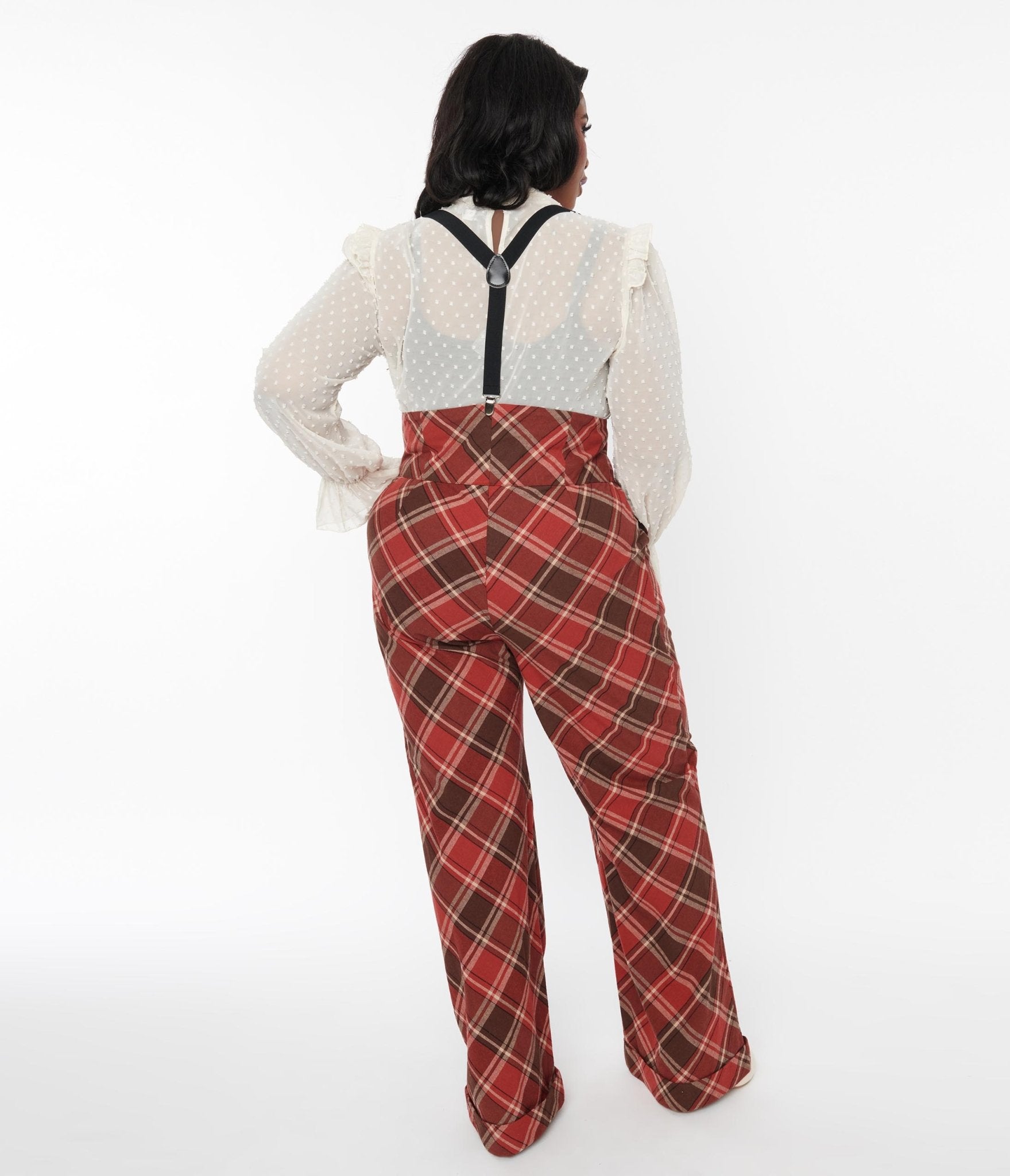 Unique Vintage Red & Brown Plaid Wide Leg Suspender Pants - Unique Vintage - Womens, BOTTOMS, PANTS