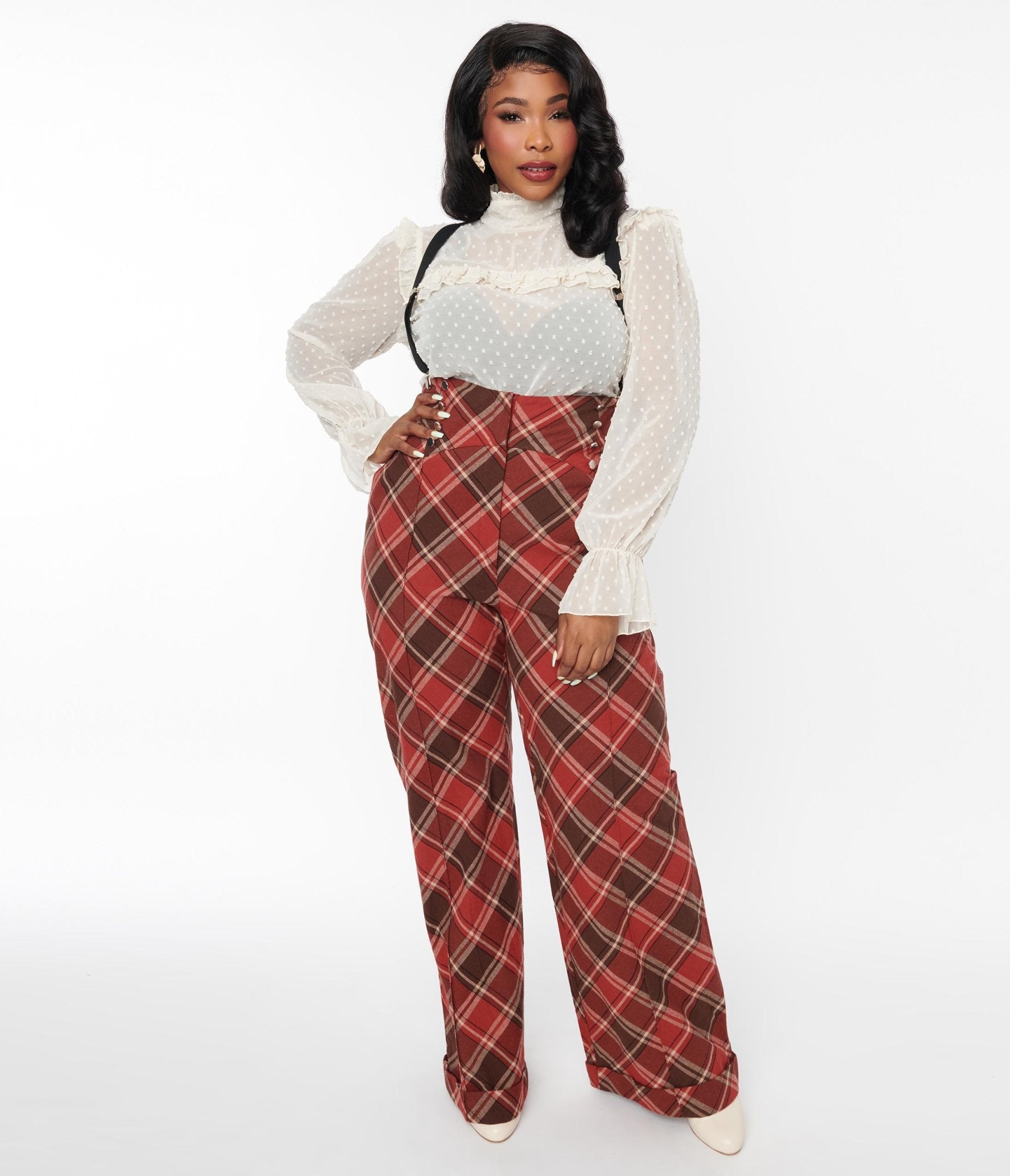 Plaid pants with suspenders on sale