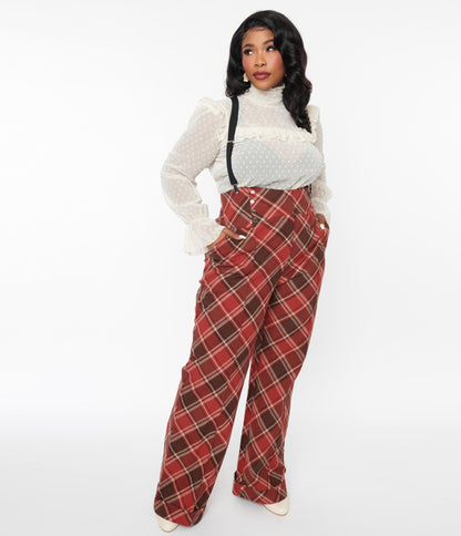 Unique Vintage Red & Brown Plaid Wide Leg Suspender Pants - Unique Vintage - Womens, BOTTOMS, PANTS
