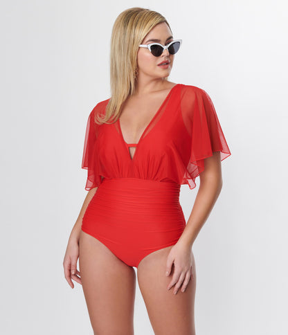 Unique Vintage Red Mesh Sleeved Torrey Swimsuit - Unique Vintage - Womens, SWIM, 1 PC