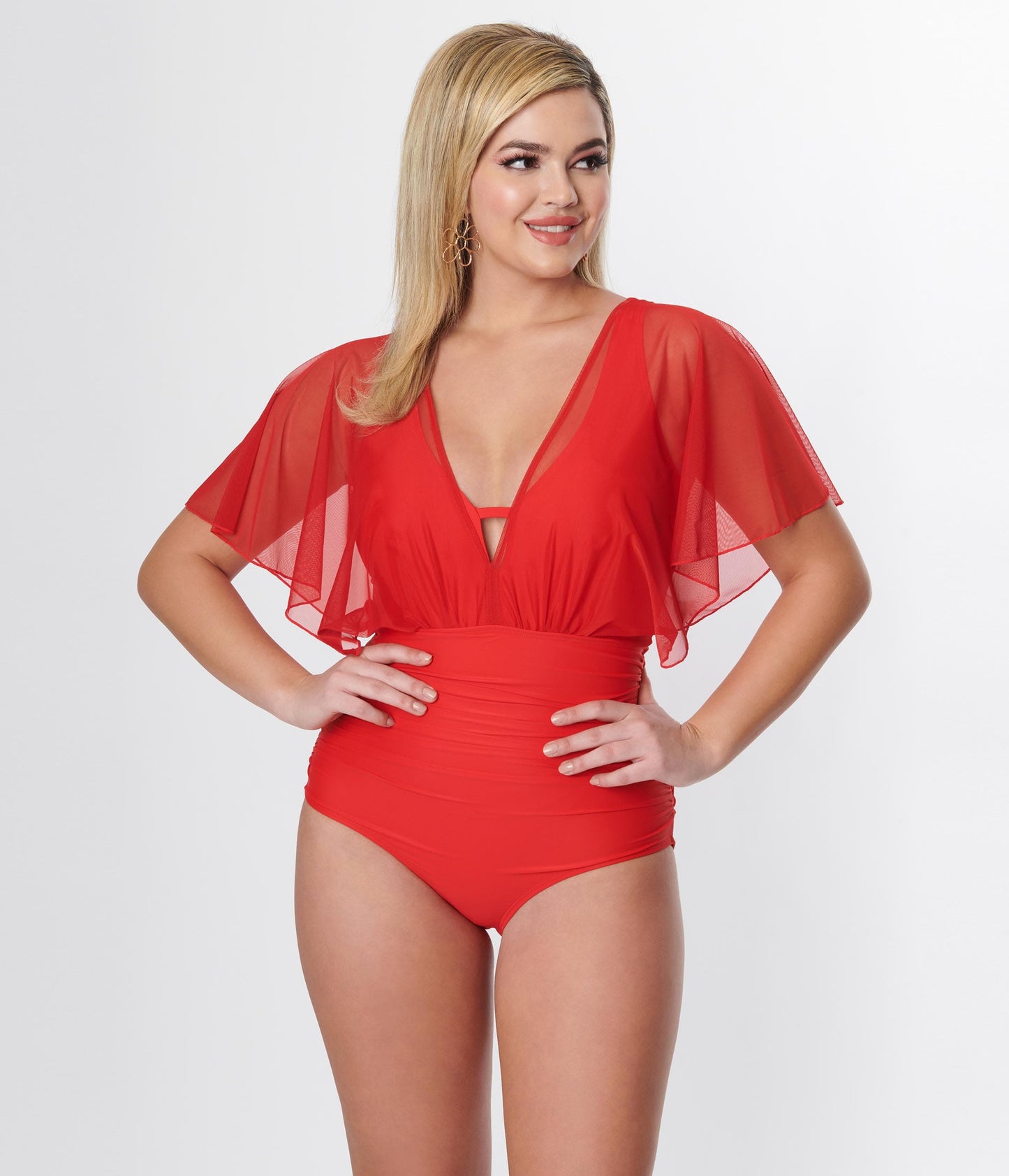 Unique Vintage Red Mesh Sleeved Torrey Swimsuit - Unique Vintage - Womens, SWIM, 1 PC