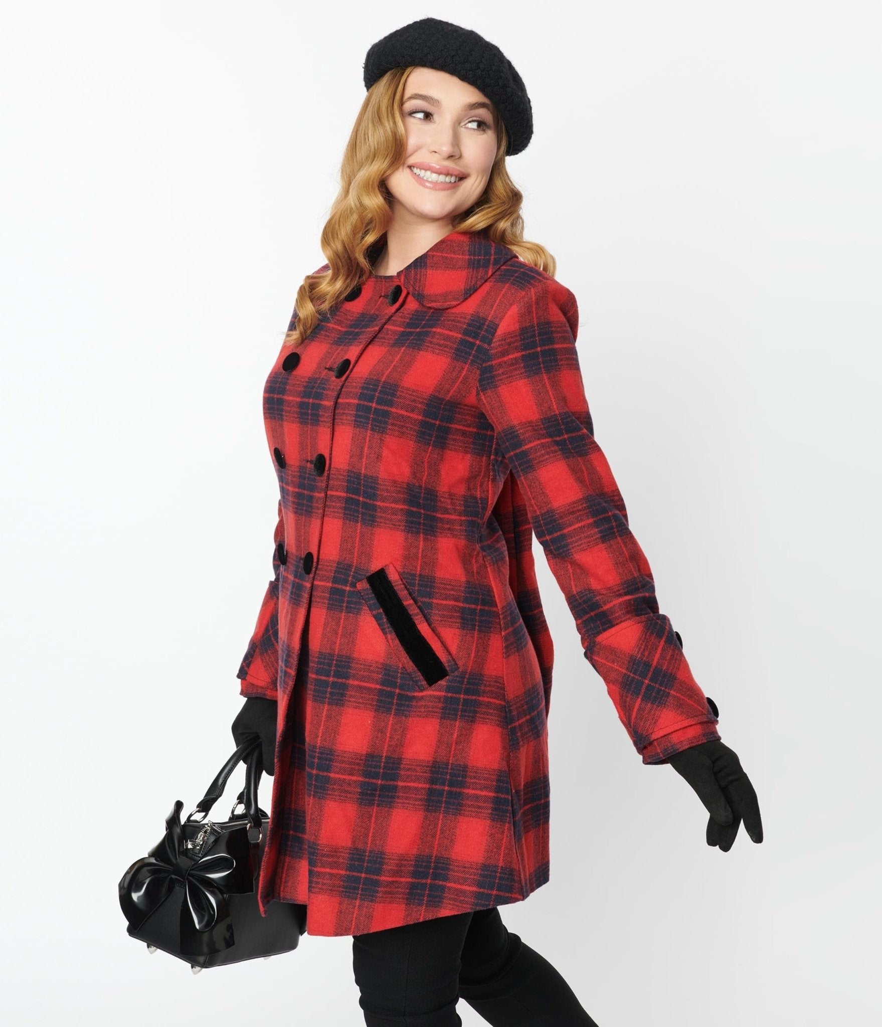 Unique Vintage Red Navy Plaid Peacoat