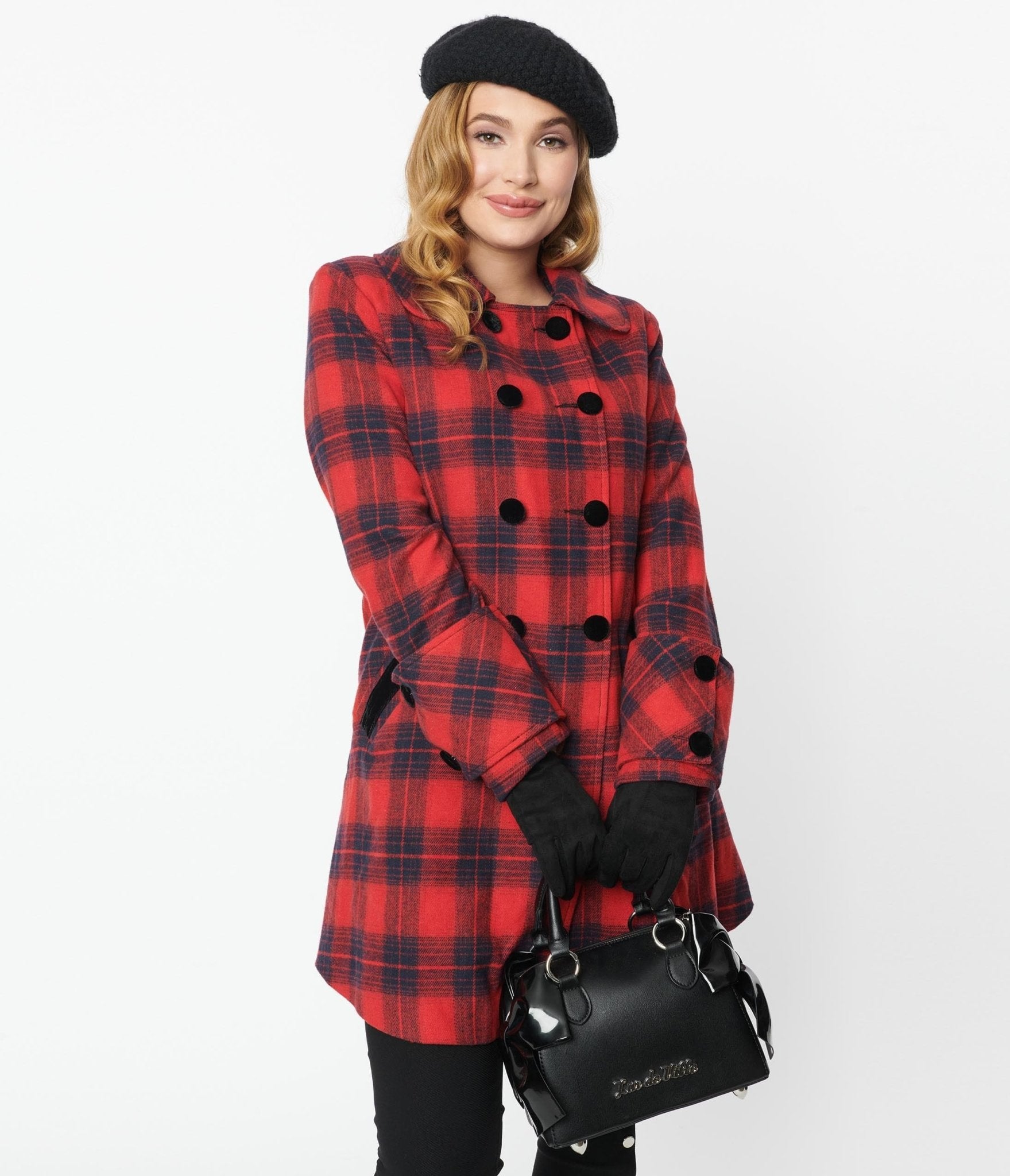Unique Vintage Red Navy Plaid Peacoat