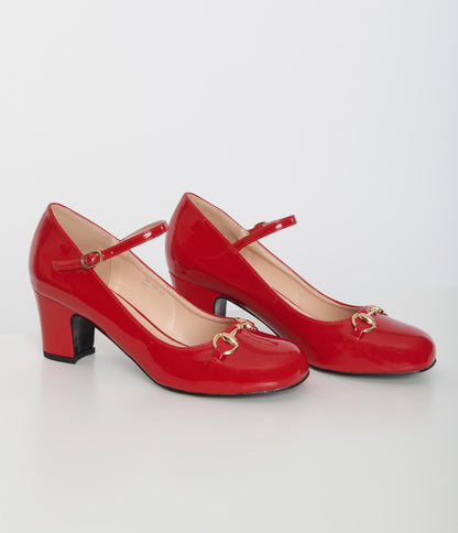 Unique Vintage Red Patent Leatherette Mary Jane Heels - Unique Vintage - Womens, SHOES, HEELS