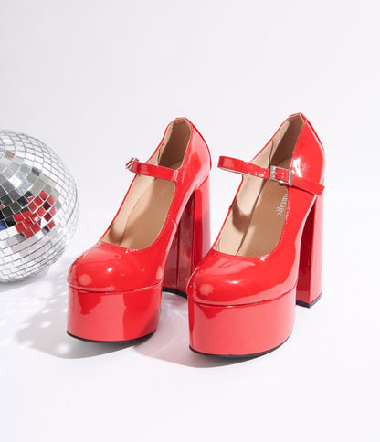 Unique Vintage Red Patent Leatherette Platform Mary Jane Heels