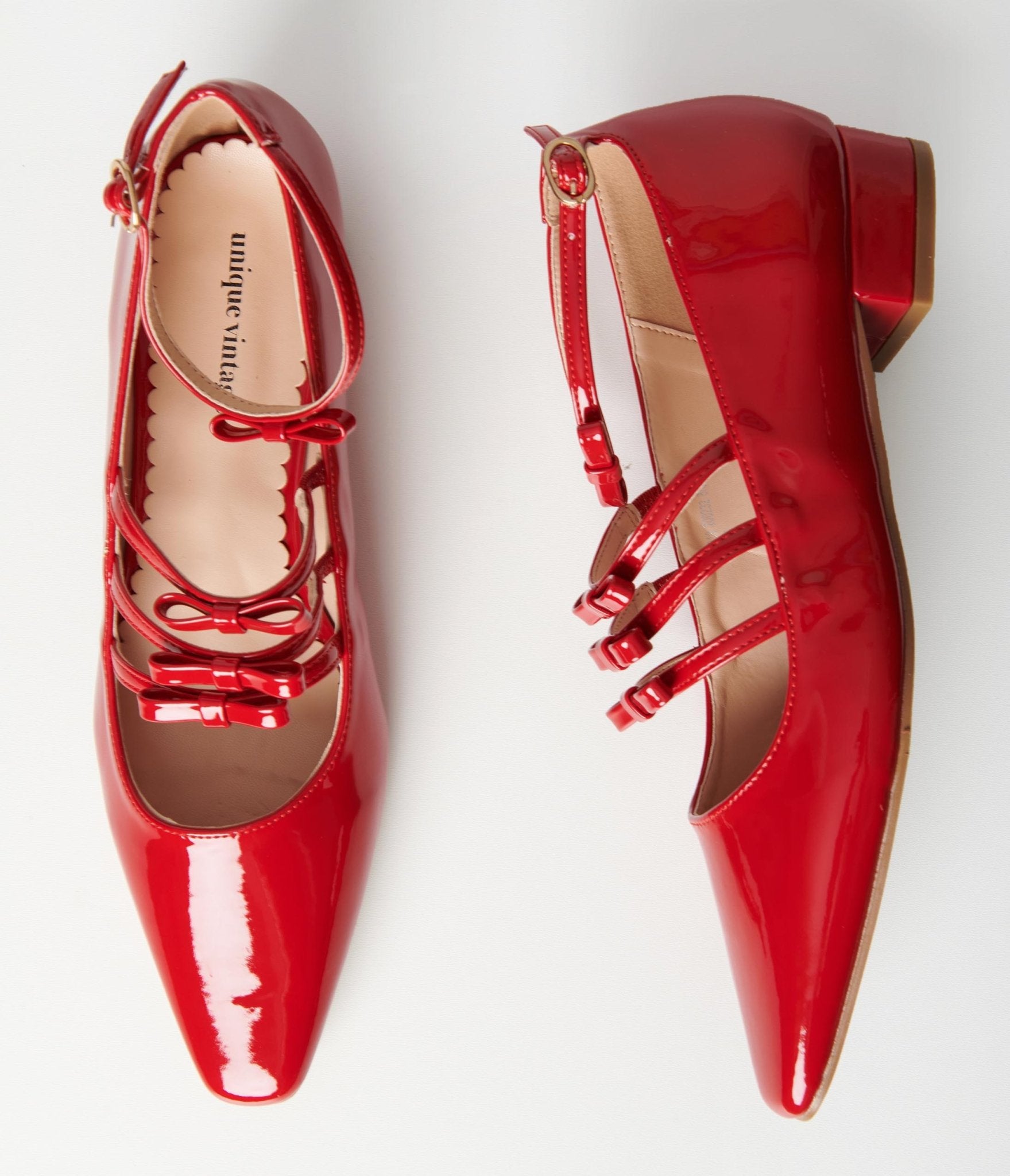 Unique Vintage Red Patent Strappy Bow Mary Jane Shoes - Unique Vintage - Womens, SHOES, FLATS