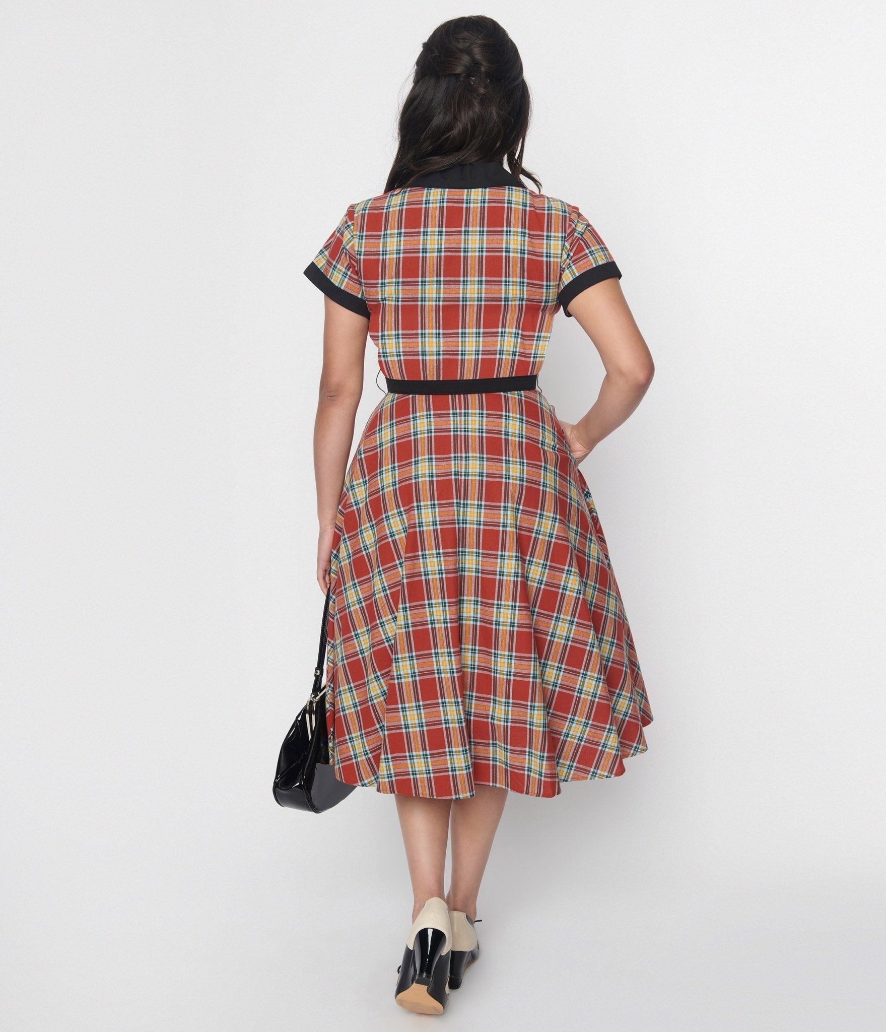 Unique Vintage Red Plaid Black Contrast Alexis Swing Dress