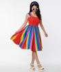 Unique Vintage Red & Rainbow Stripe Swing Dress