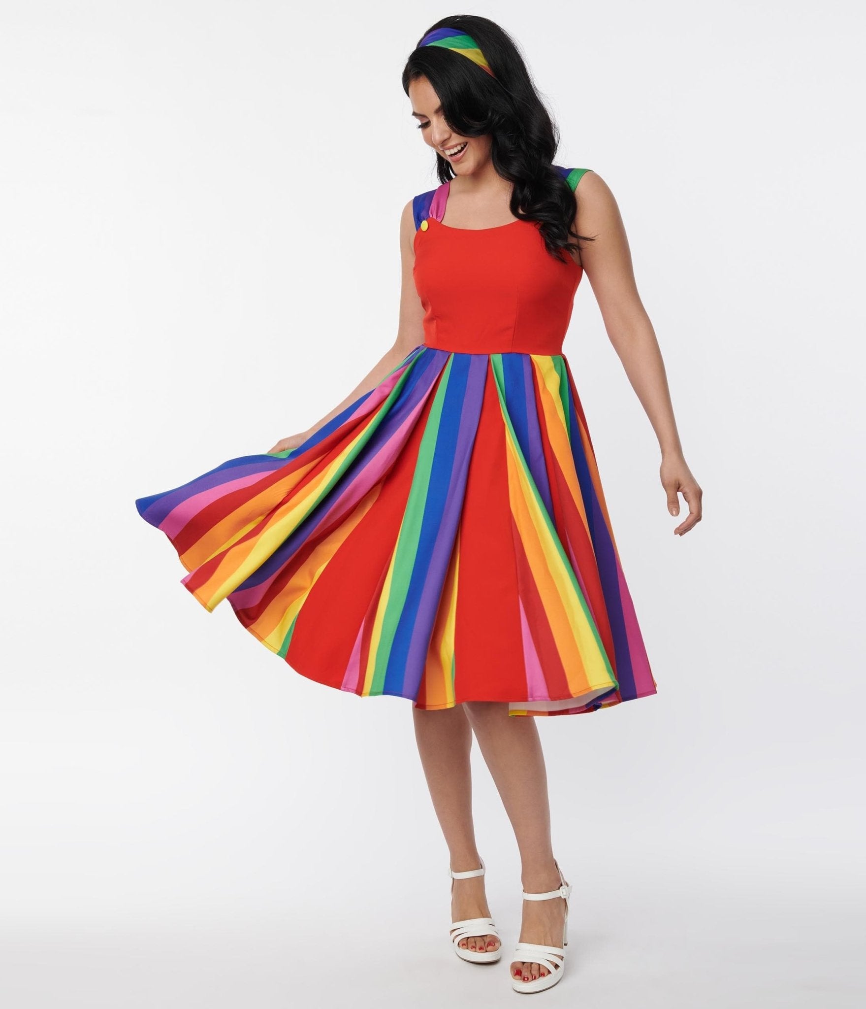Retro Vintage Unique Vintage Red Rainbow Stripe Swing Dress Unique Vintage