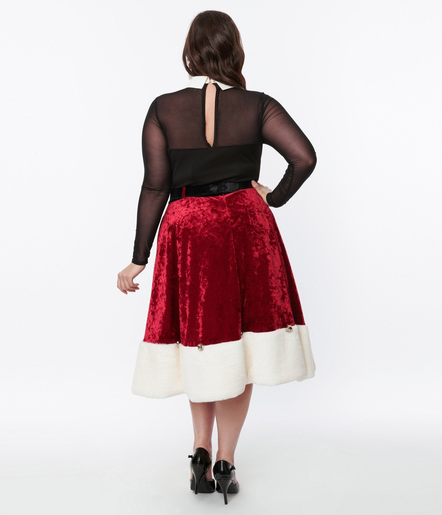 Unique Vintage Red Velvet White Faux Fur Jingle Bell Swing Skirt