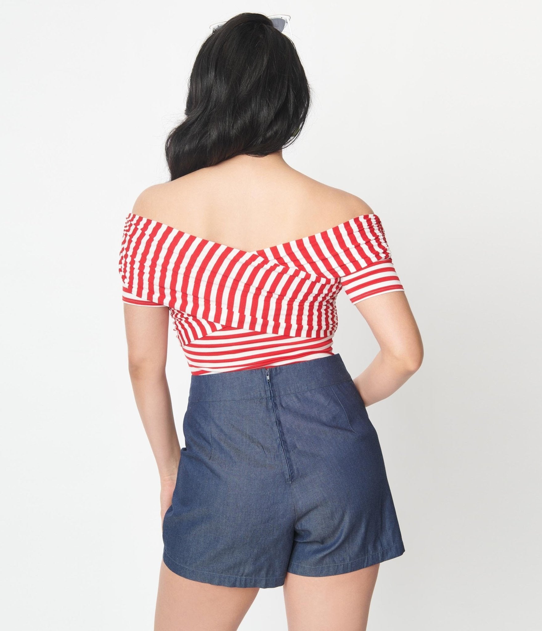 Retro Vintage Unique Vintage Red White Striped Off Shoulder Daydreamer Bodysuit Unique Vintage